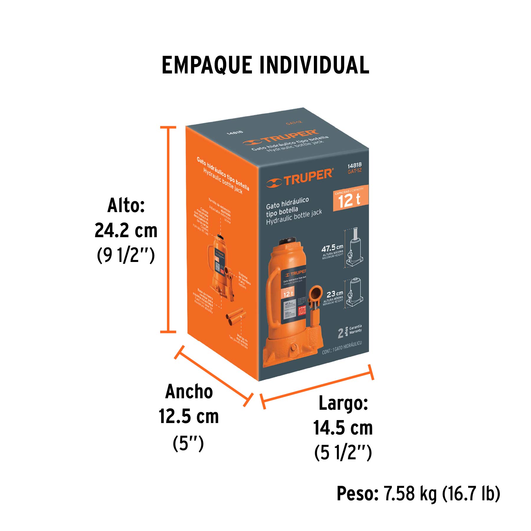 Gato hidráulico de botella de 12 Ton, TRUPER - Empaque