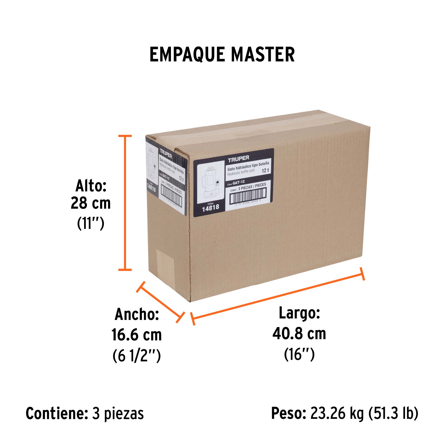Gato hidráulico de botella de 12 Ton, TRUPER - Empaque