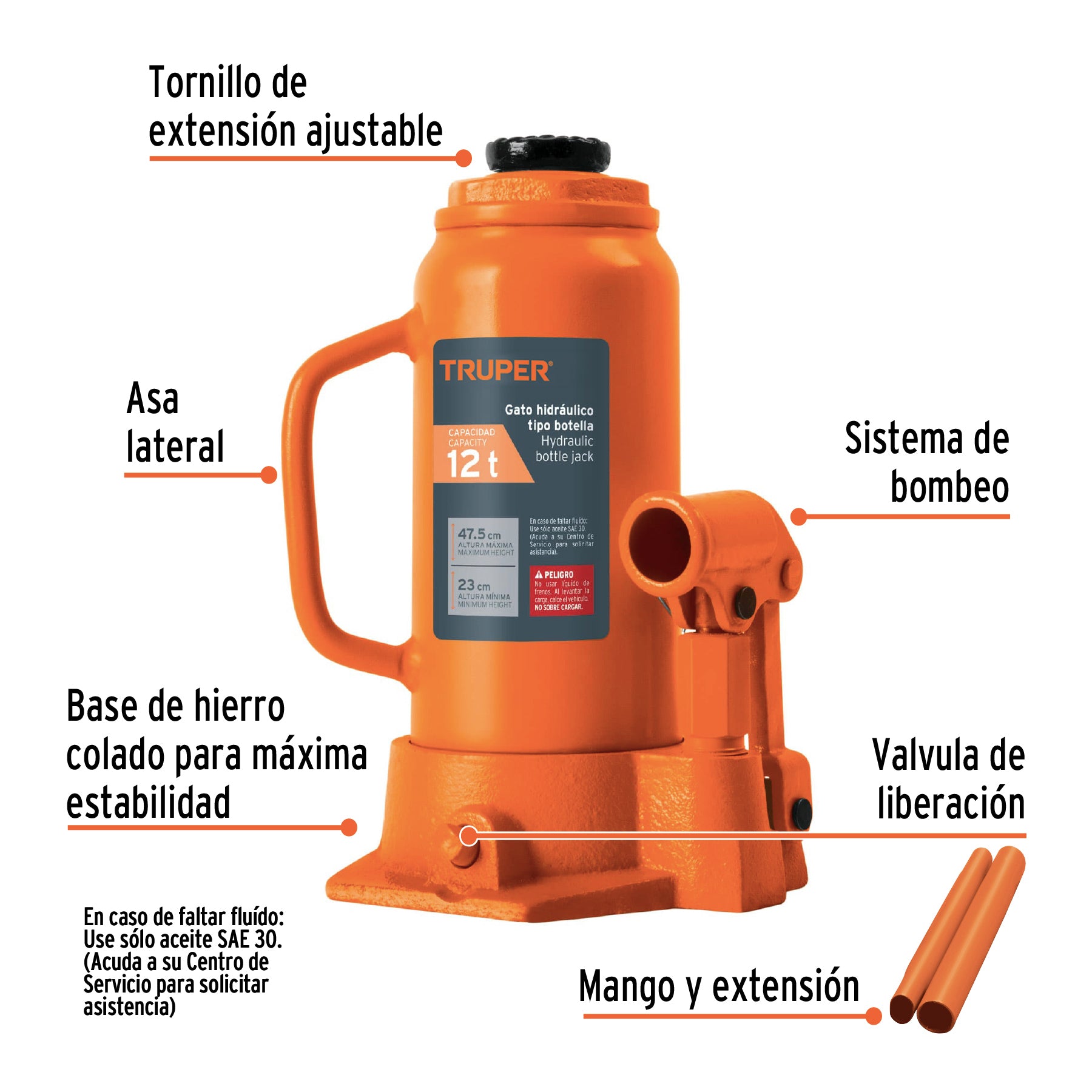 Gato hidráulico de botella de 12 Ton, TRUPER