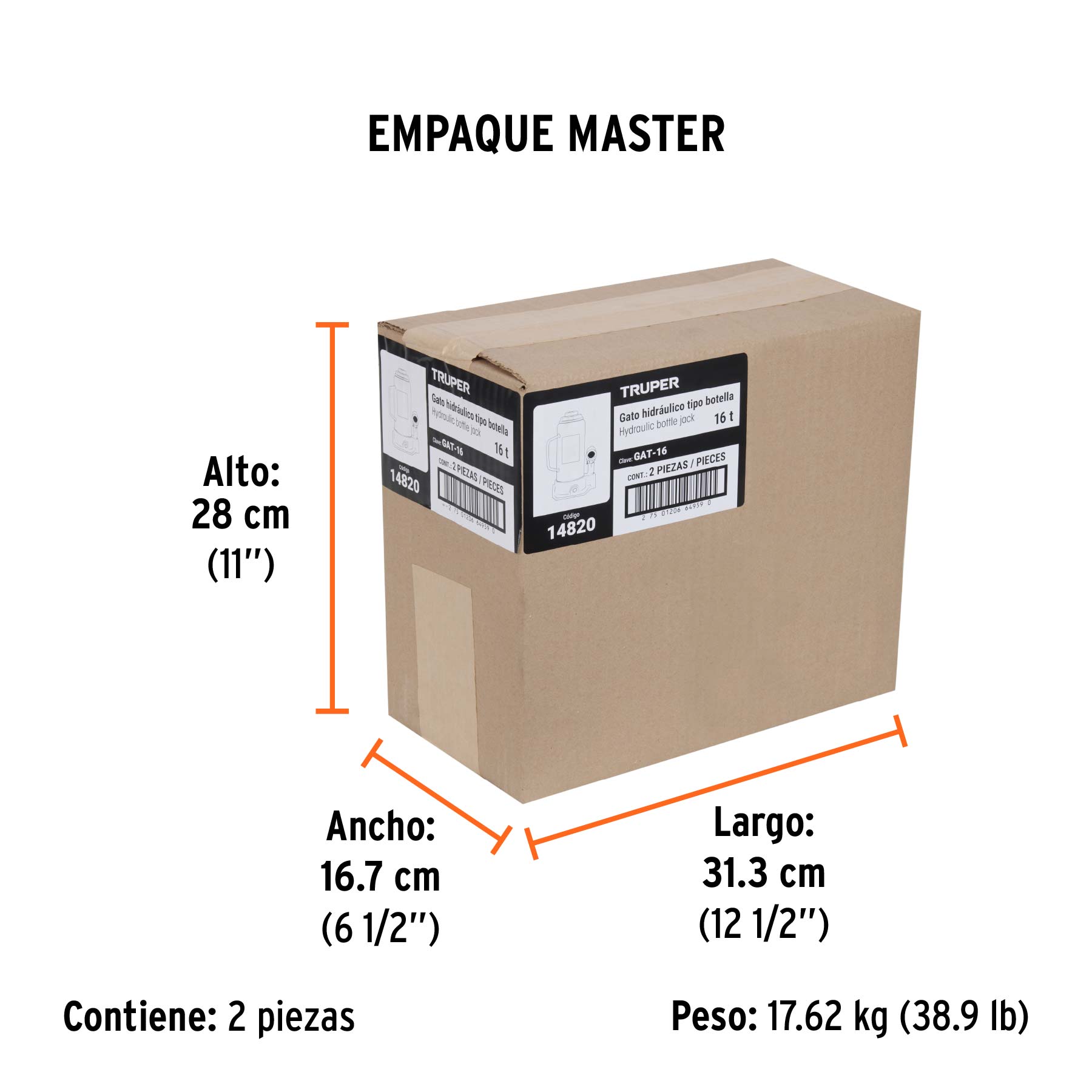 Gato hidráulico de botella de 16 Ton, TRUPER - Empaque