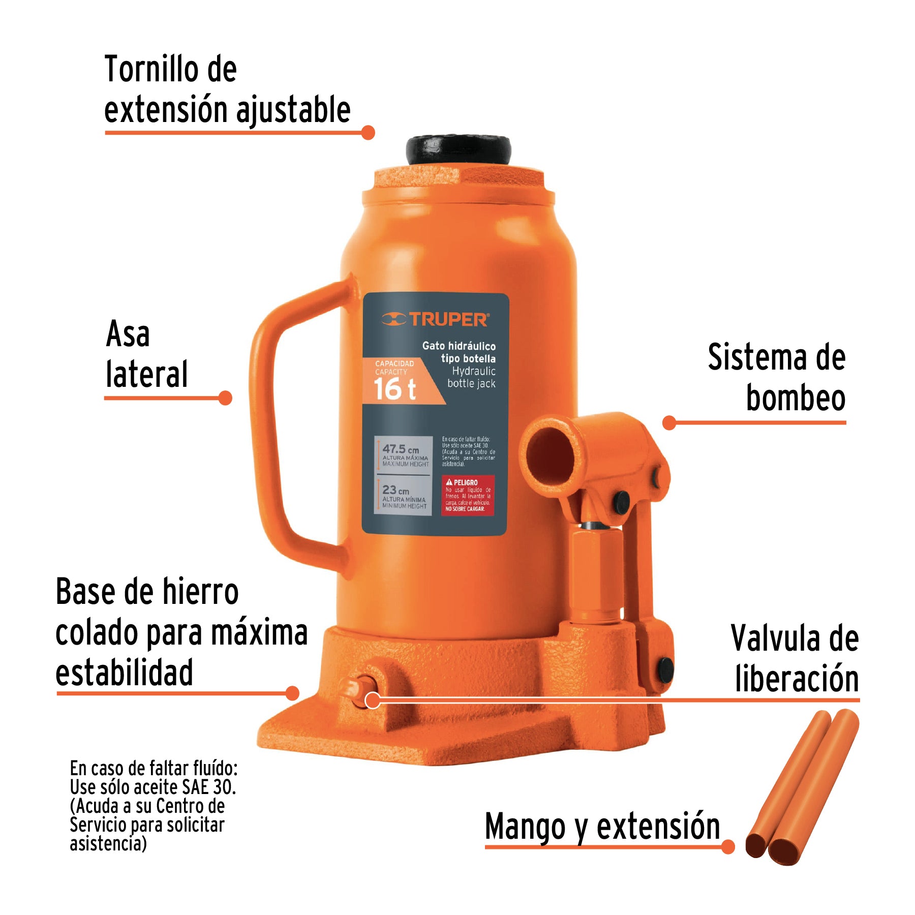 Gato hidráulico de botella de 16 Ton, TRUPER