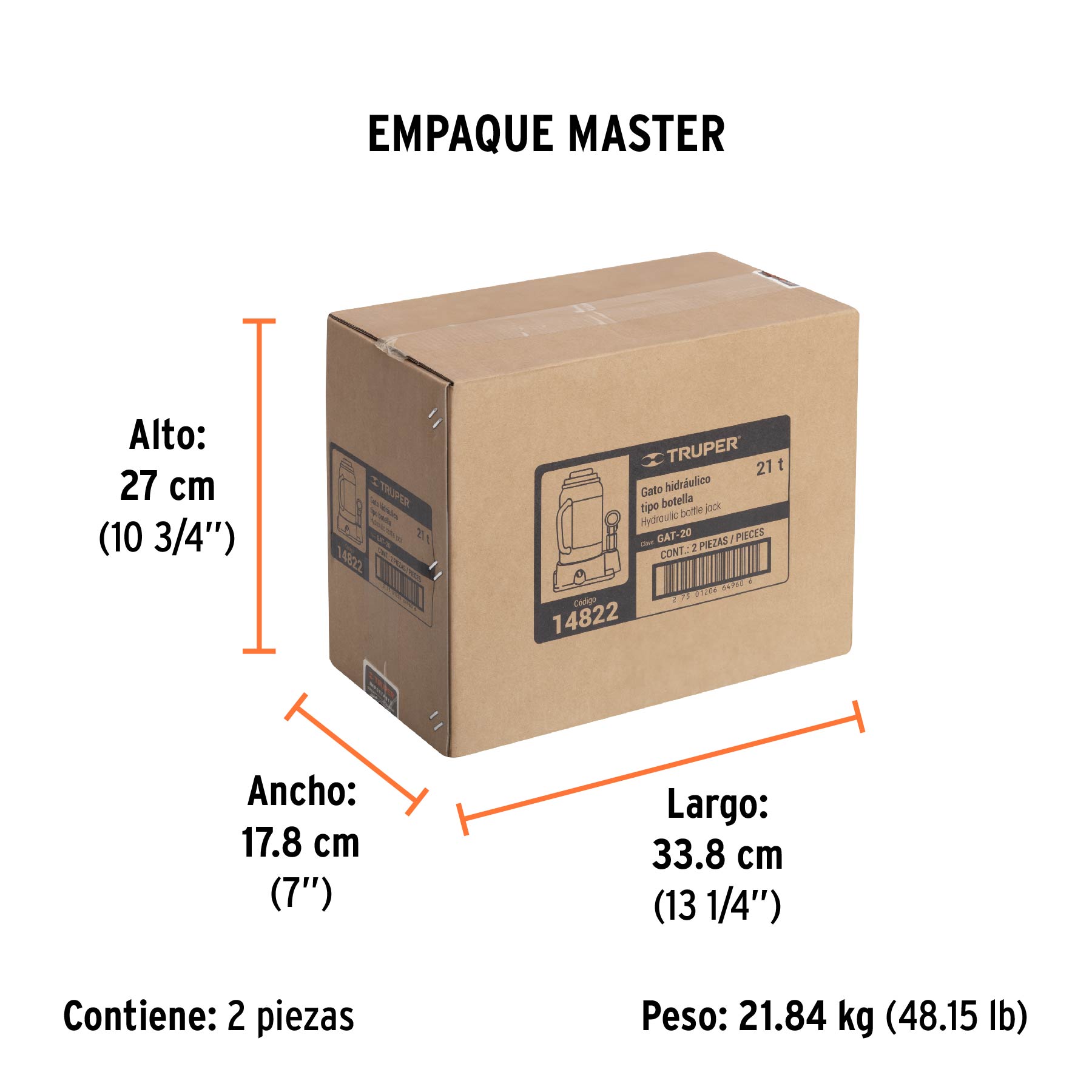 Gato hidráulico de botella de 21 Ton, TRUPER - Empaque