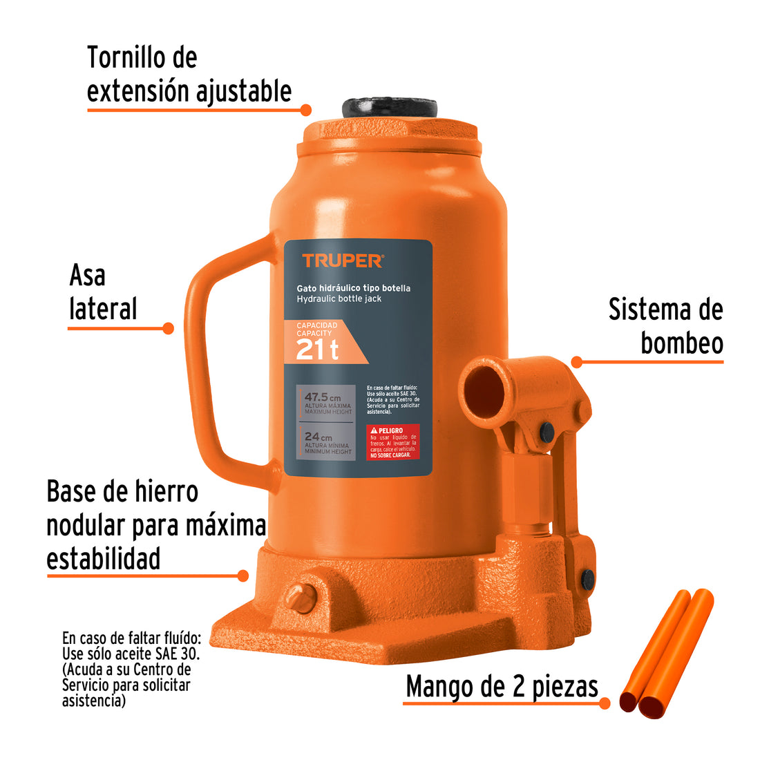 Gato hidráulico de botella de 21 Ton, TRUPER