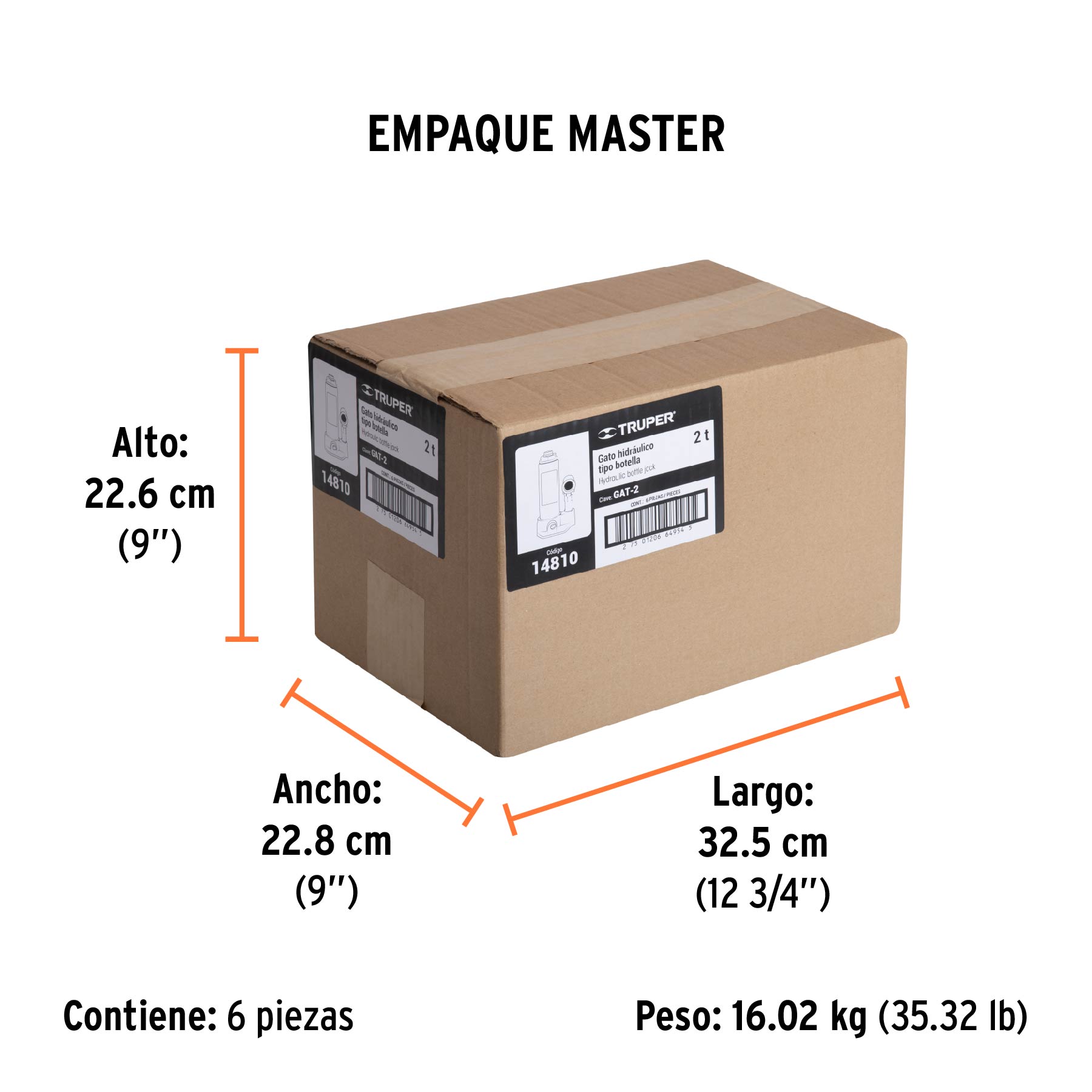 Gato hidráulico de botella de 2 Ton, TRUPER - Empaque