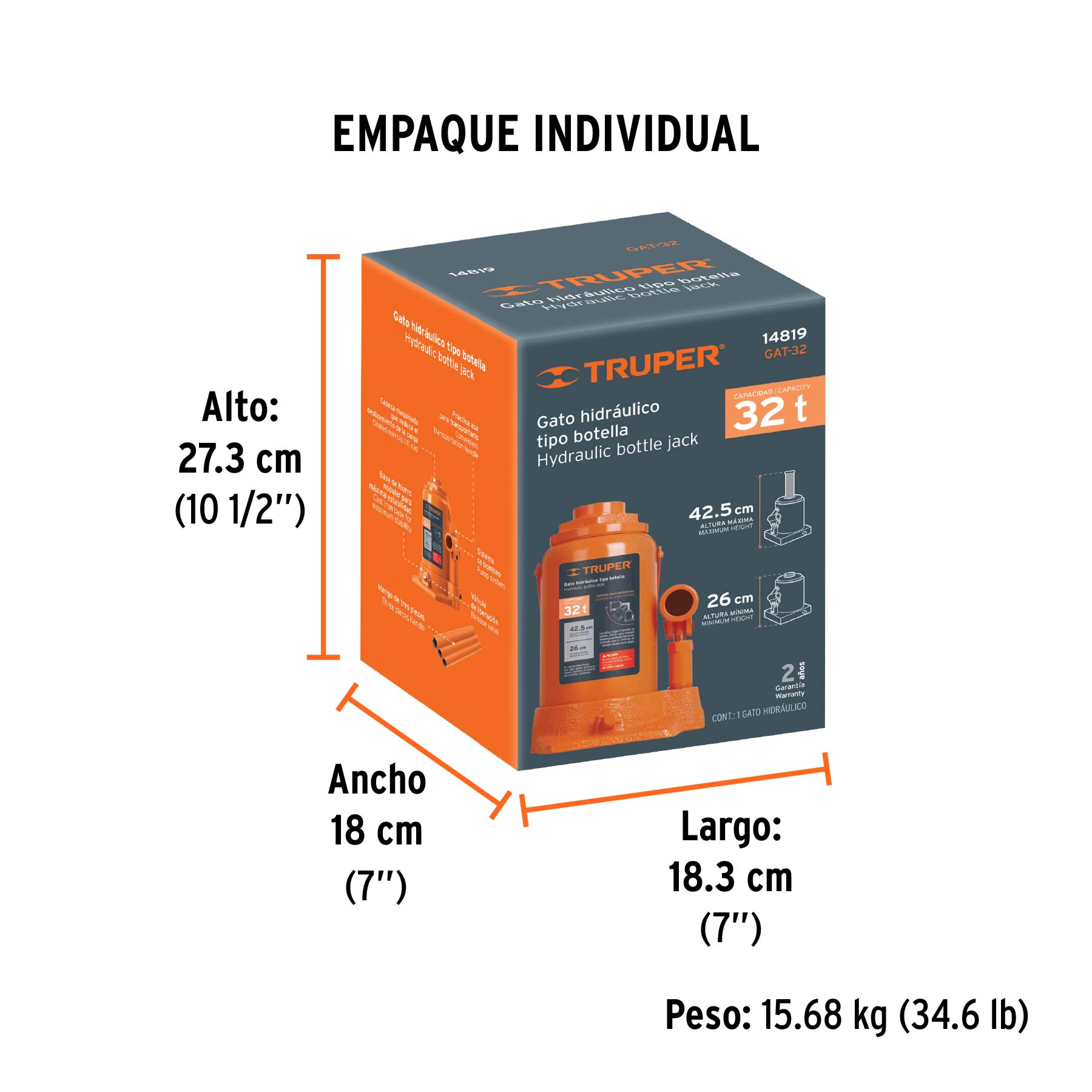 Gato hidráulico de botella de 32 Ton, TRUPER - Empaque