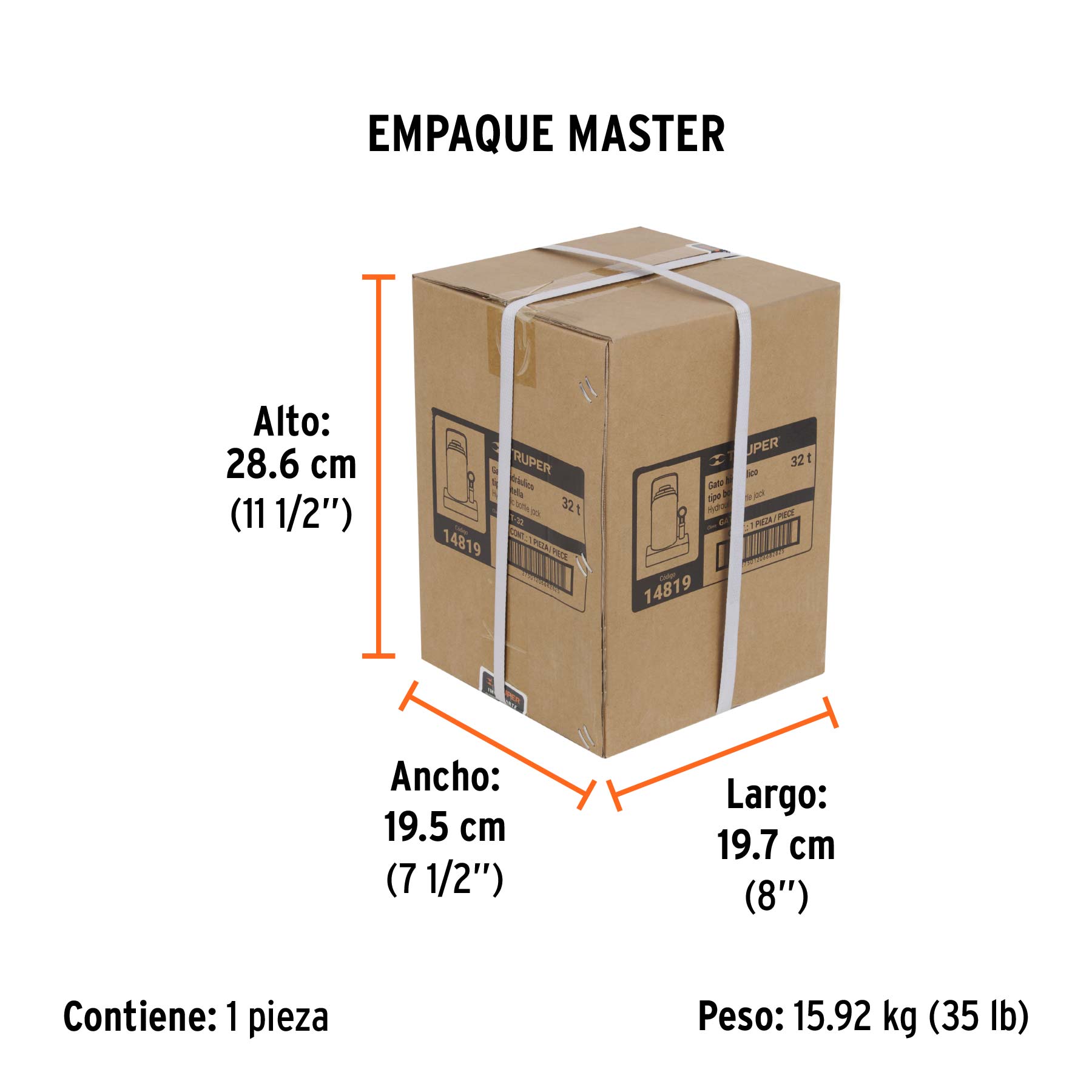 Gato hidráulico de botella de 32 Ton, TRUPER - Empaque