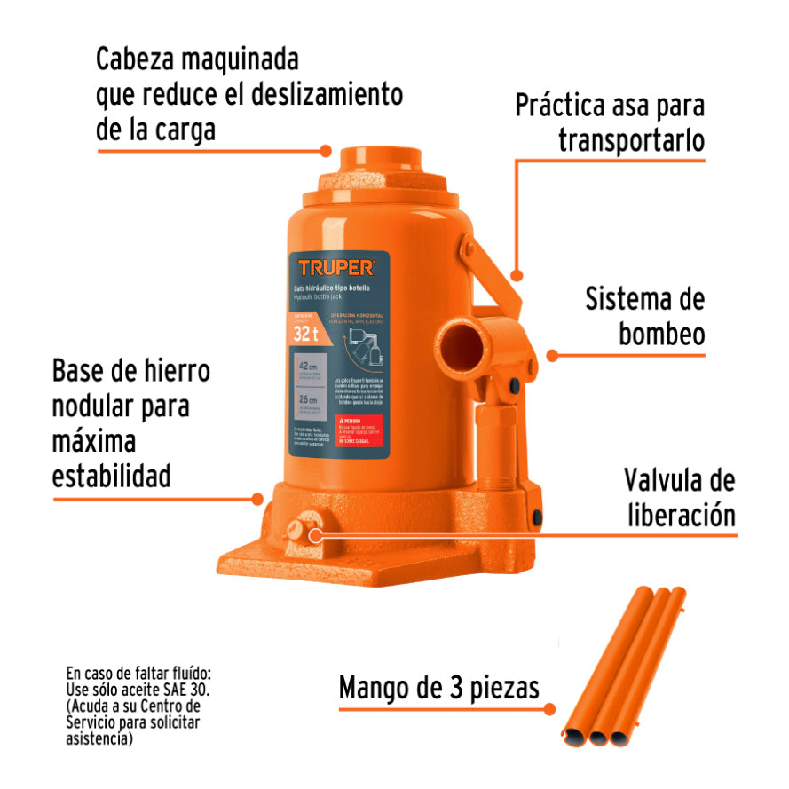 Gato hidráulico de botella de 32 Ton, TRUPER