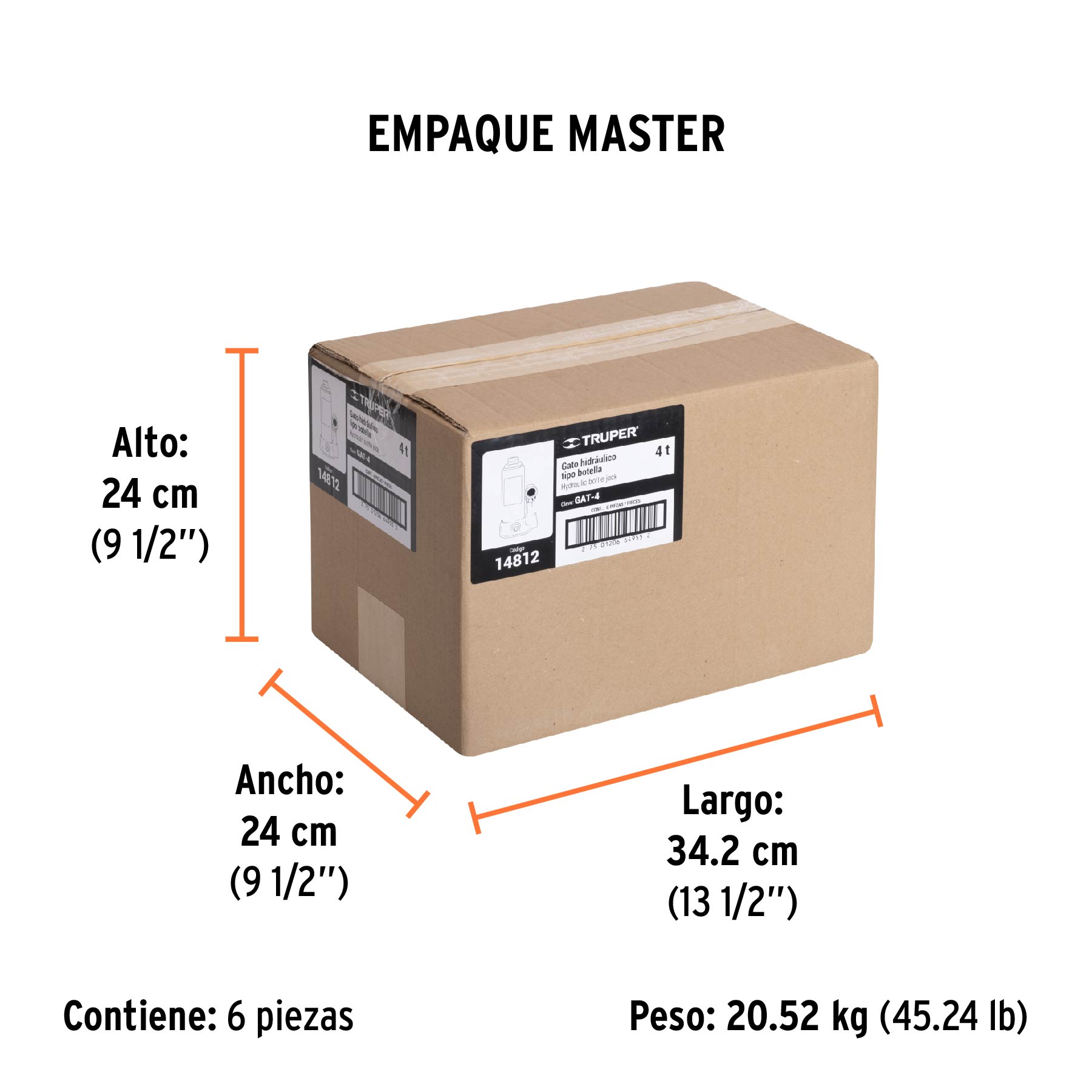 Gato hidráulico de botella de 4 Ton, TRUPER - Empaque