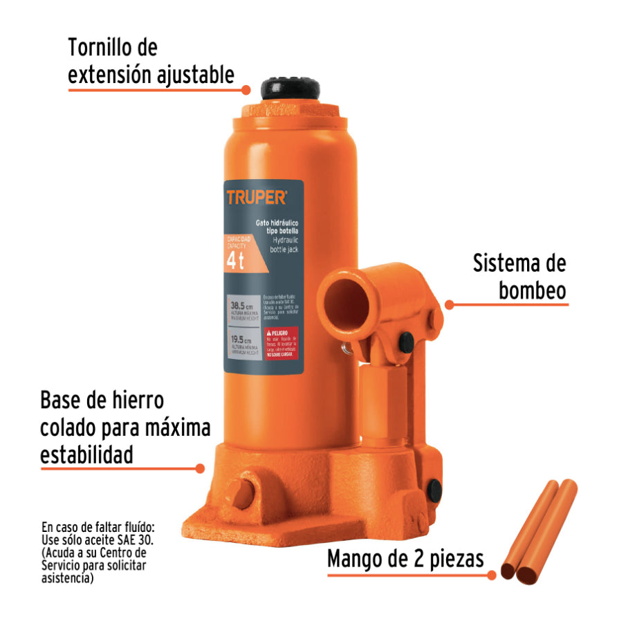 Gato hidráulico de botella de 4 Ton, TRUPER