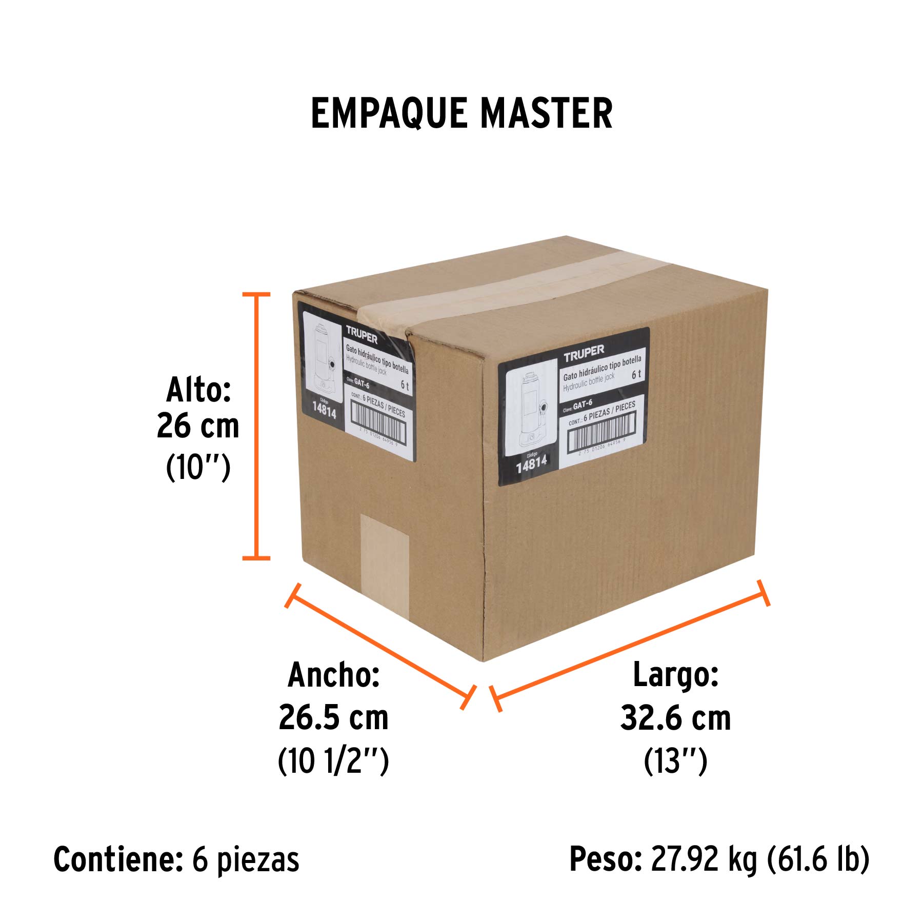 Gato hidráulico de botella de 6 Ton, TRUPER - Empaque
