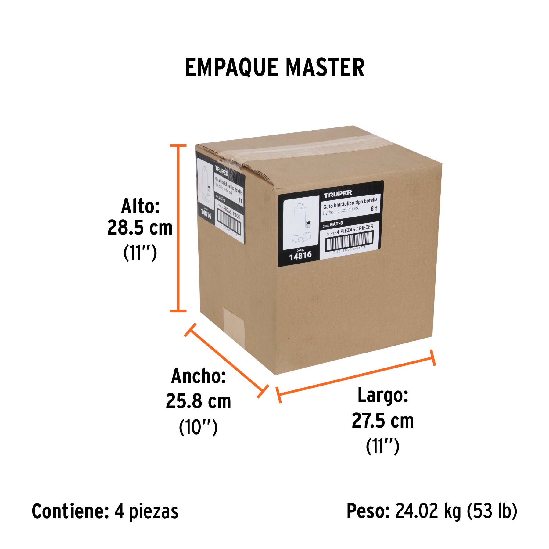 Gato hidráulico de botella de 8 Ton, TRUPER - Empaque