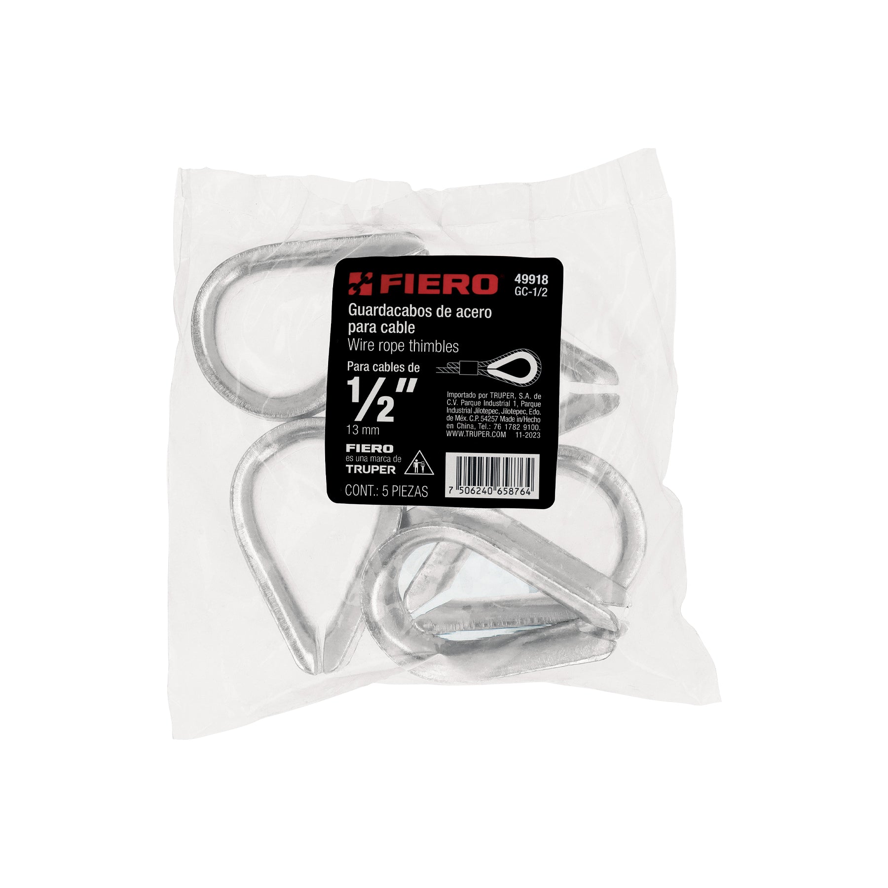 Bolsa con 5 guardacabos para cable de acero de 1/2", FIERO
