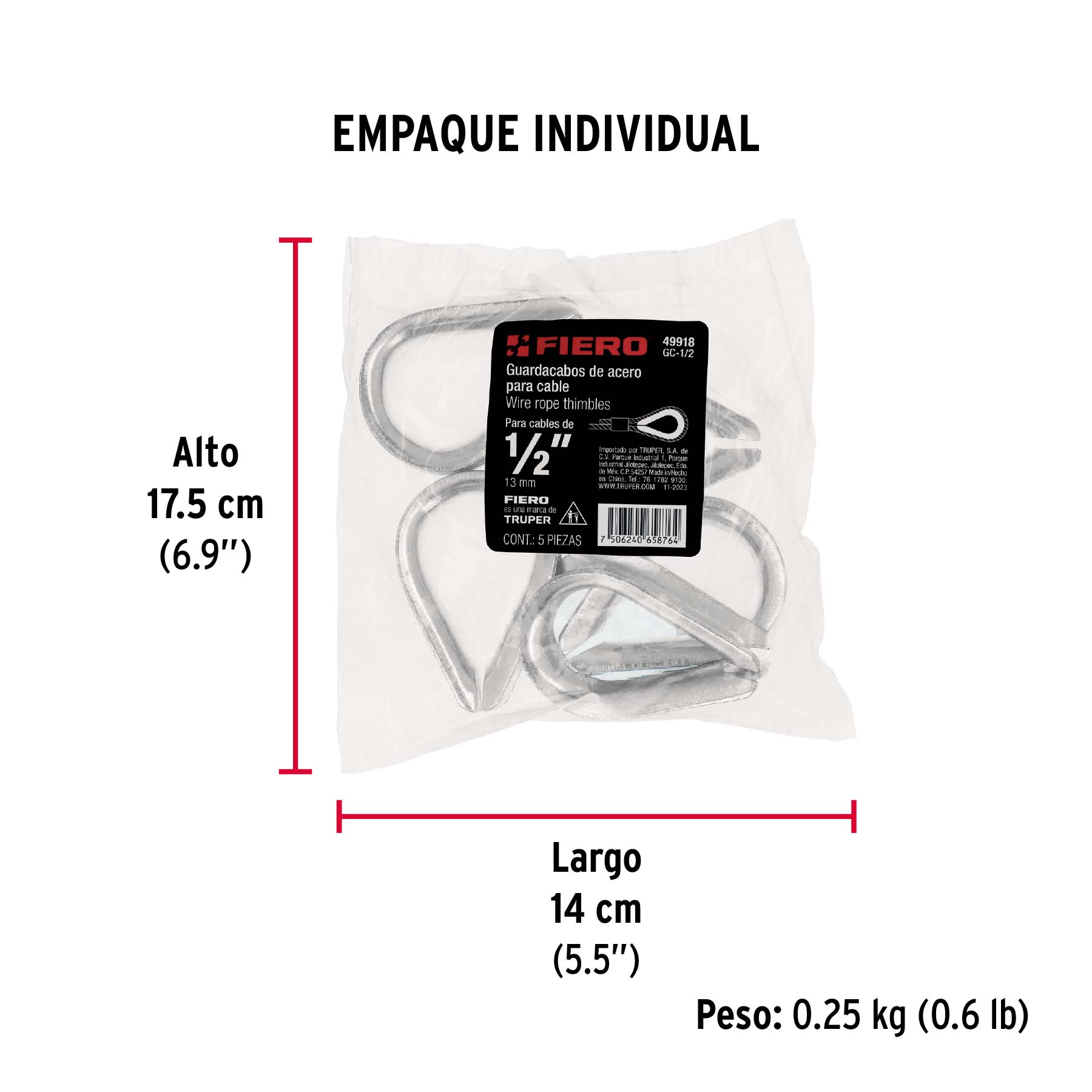 Bolsa con 5 guardacabos para cable de acero de 1/2", FIERO - Empaque