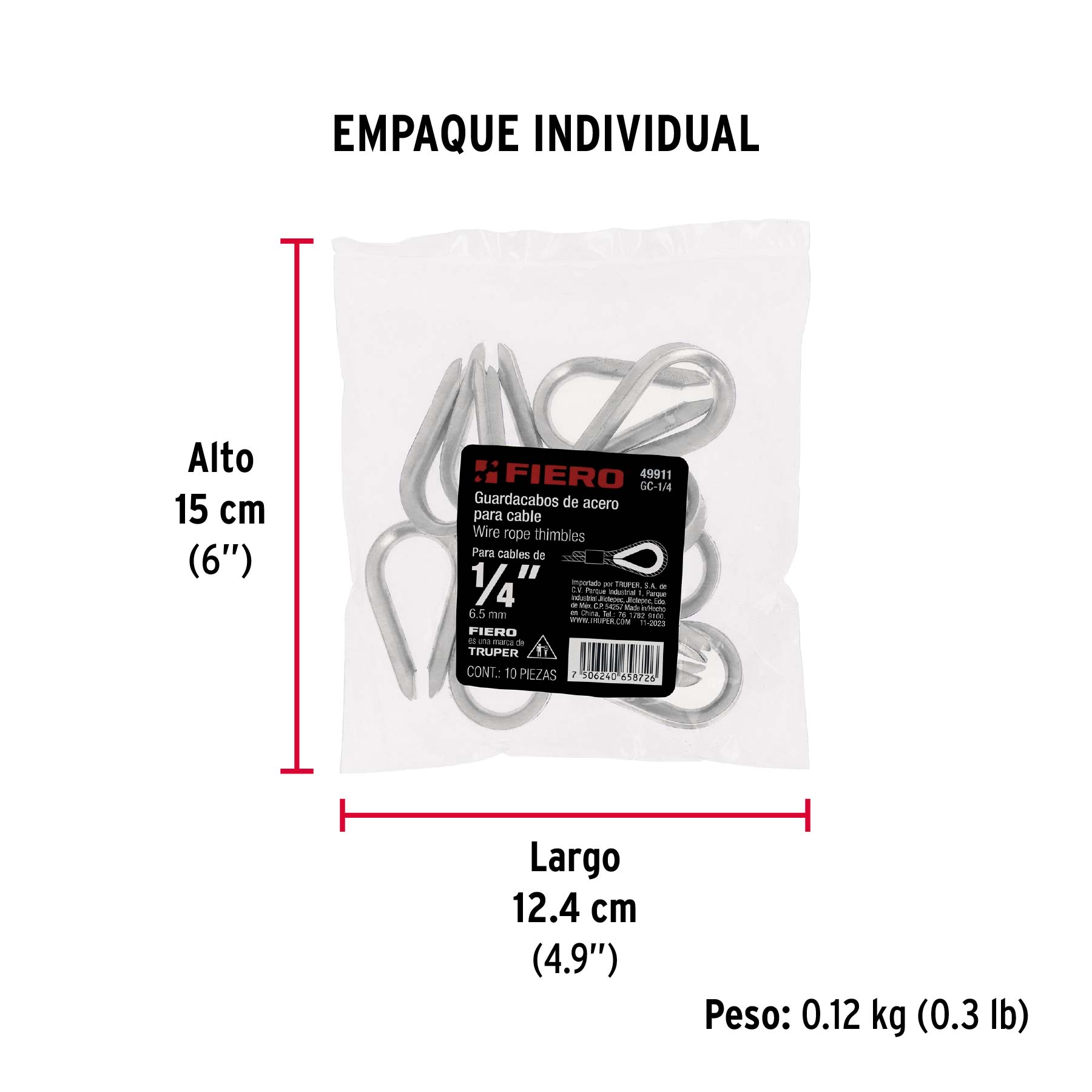 Bolsa con 10 guardacabos para cable de acero de 1/4", FIERO - Empaque