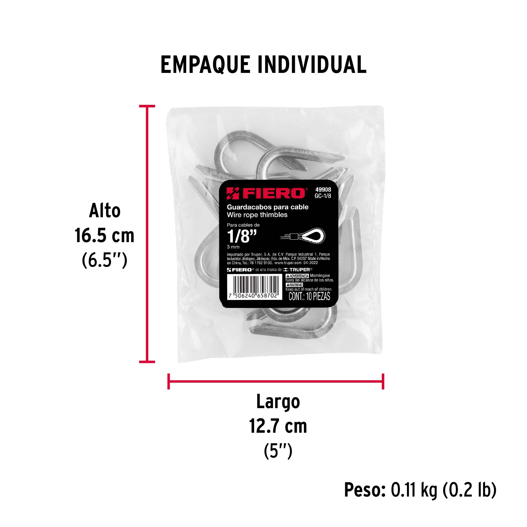 Bolsa con 10 guardacabos para cable de acero de 1/8", FIERO - Empaque