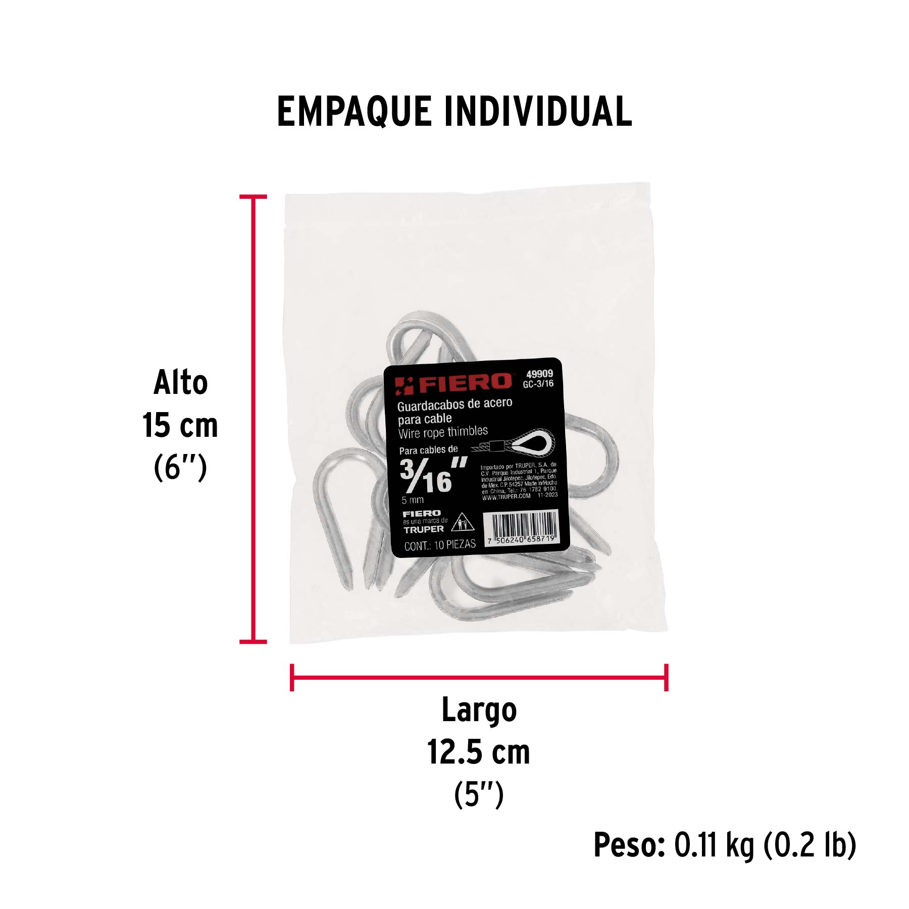 Bolsa con 10 guardacabos para cable de acero de 3/16", FIERO - Empaque