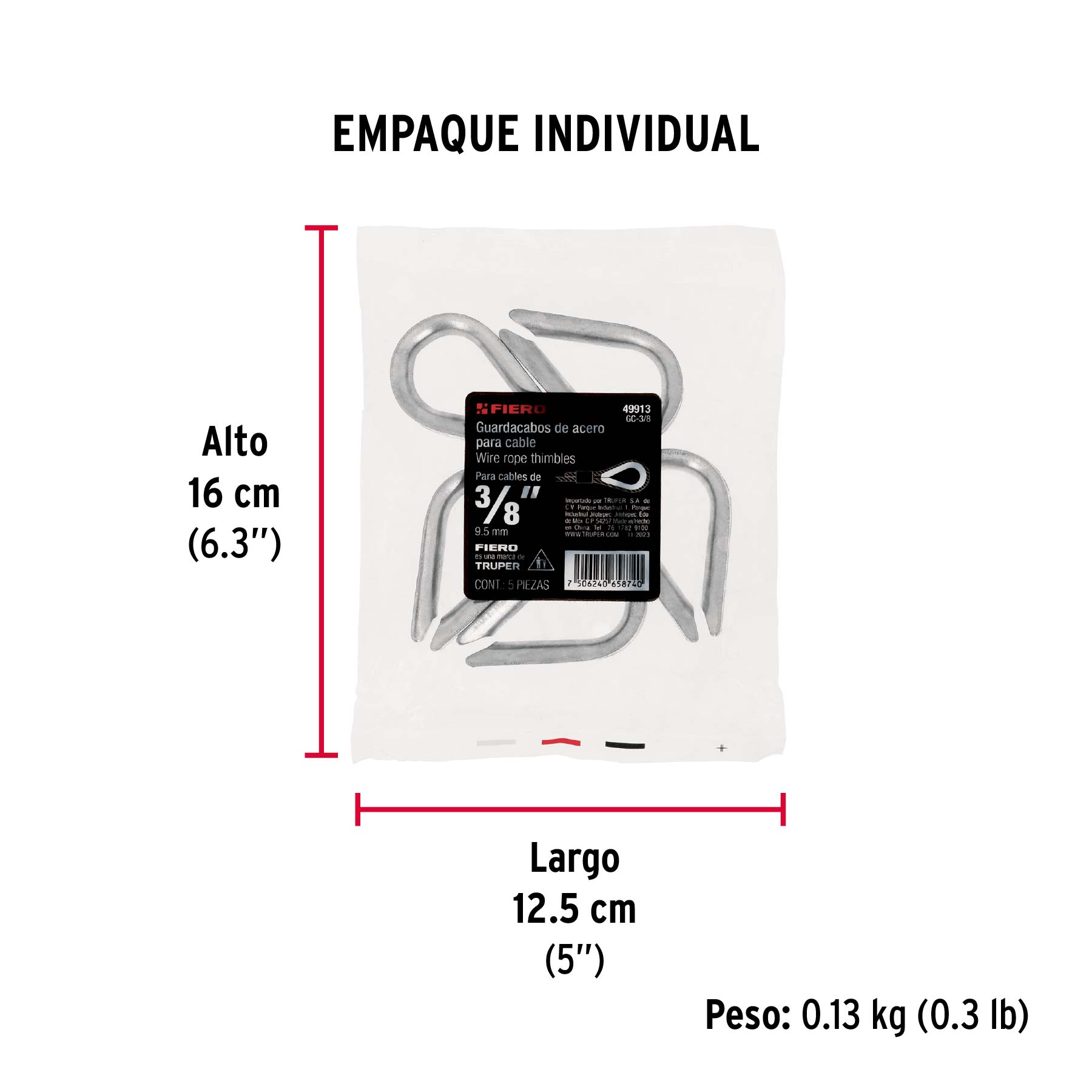 Bolsa con 5 guardacabos para cable de acero de 3/8", FIERO - Empaque