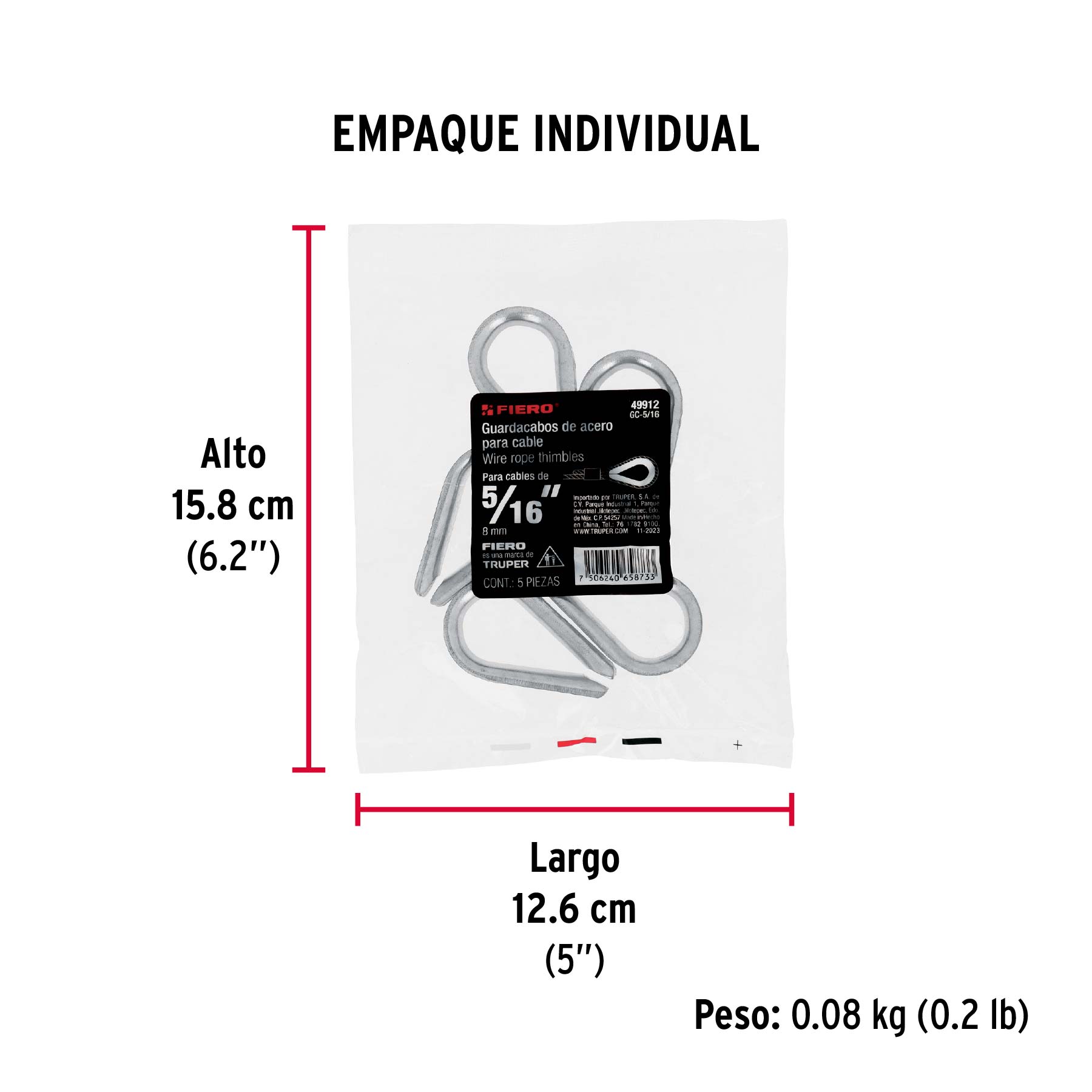 Bolsa con 5 guardacabos para cable de acero de 5/16", FIERO - Empaque