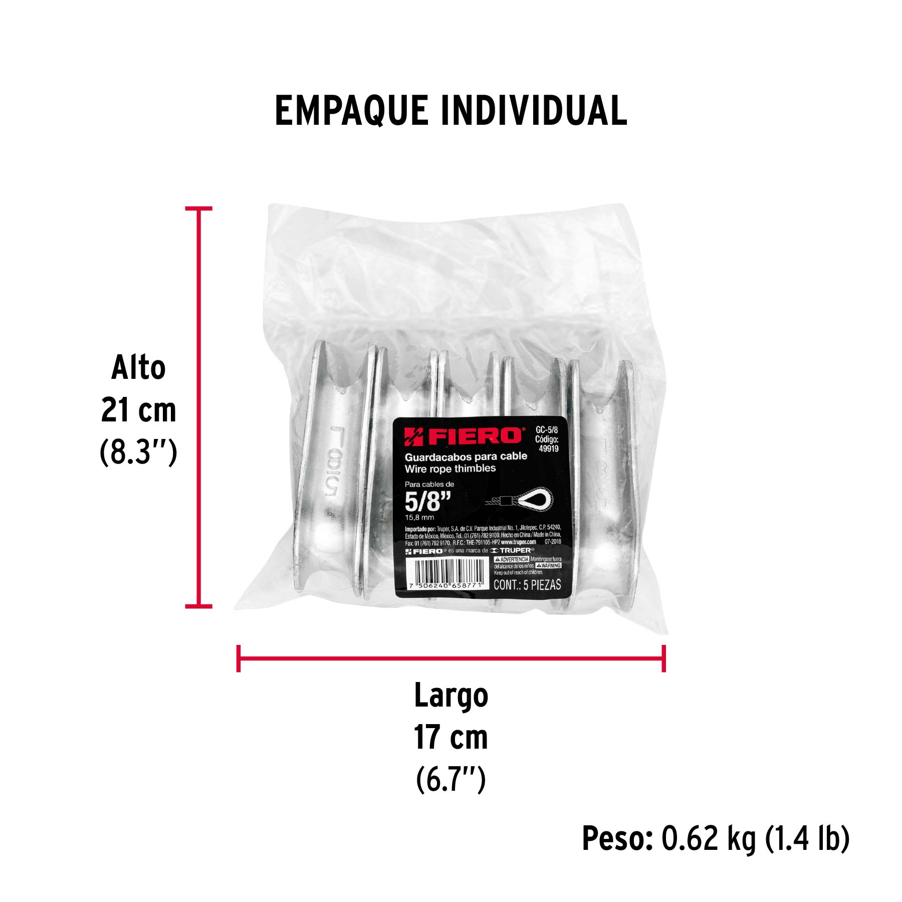 Bolsa con 5 guardacabos para cable de acero de 5/8", FIERO - Empaque