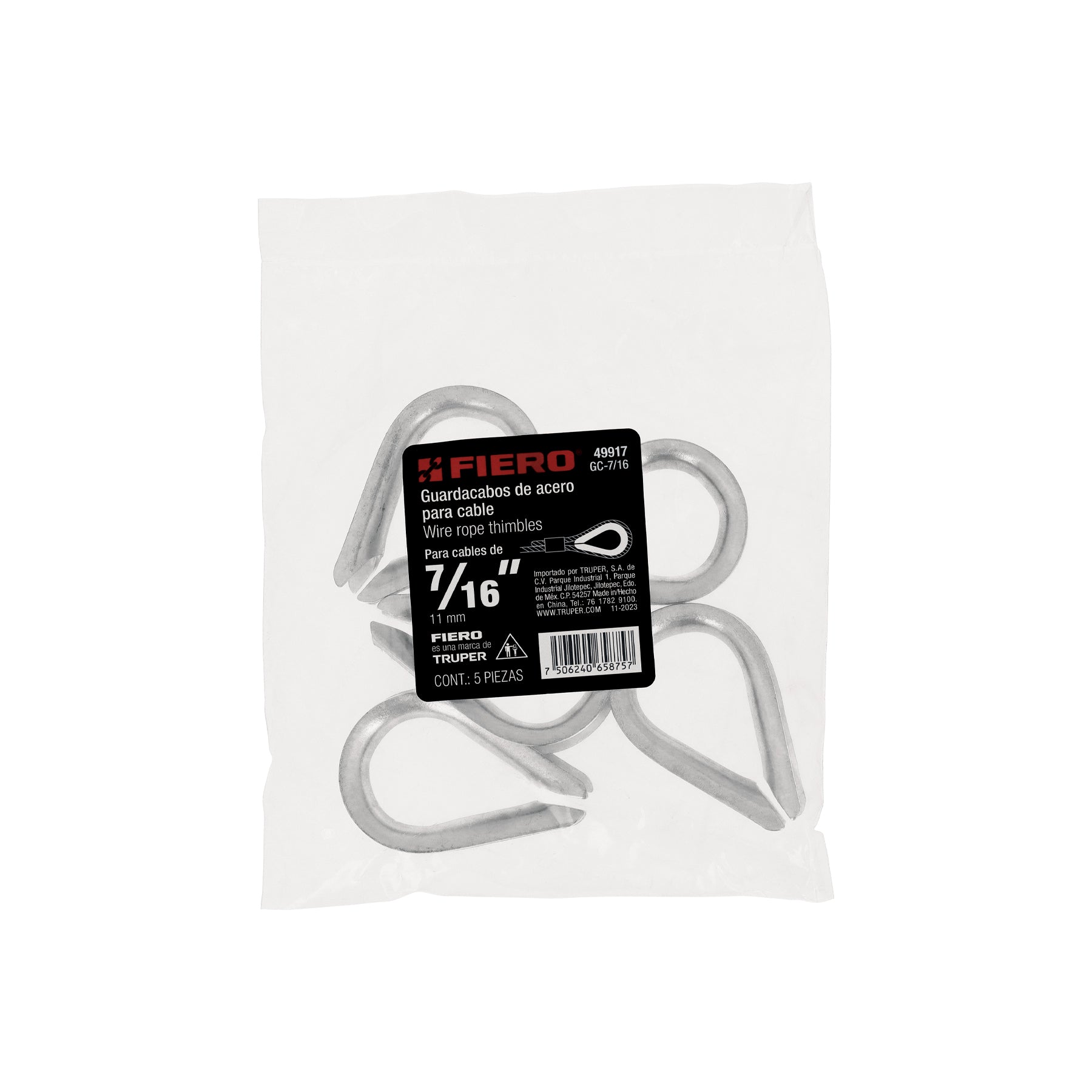 Bolsa con 5 guardacabos para cable de acero de 7/16", FIERO