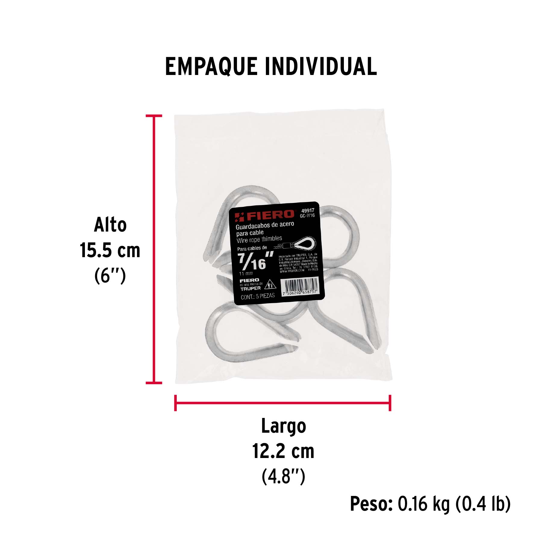 Bolsa con 5 guardacabos para cable de acero de 7/16", FIERO - Empaque