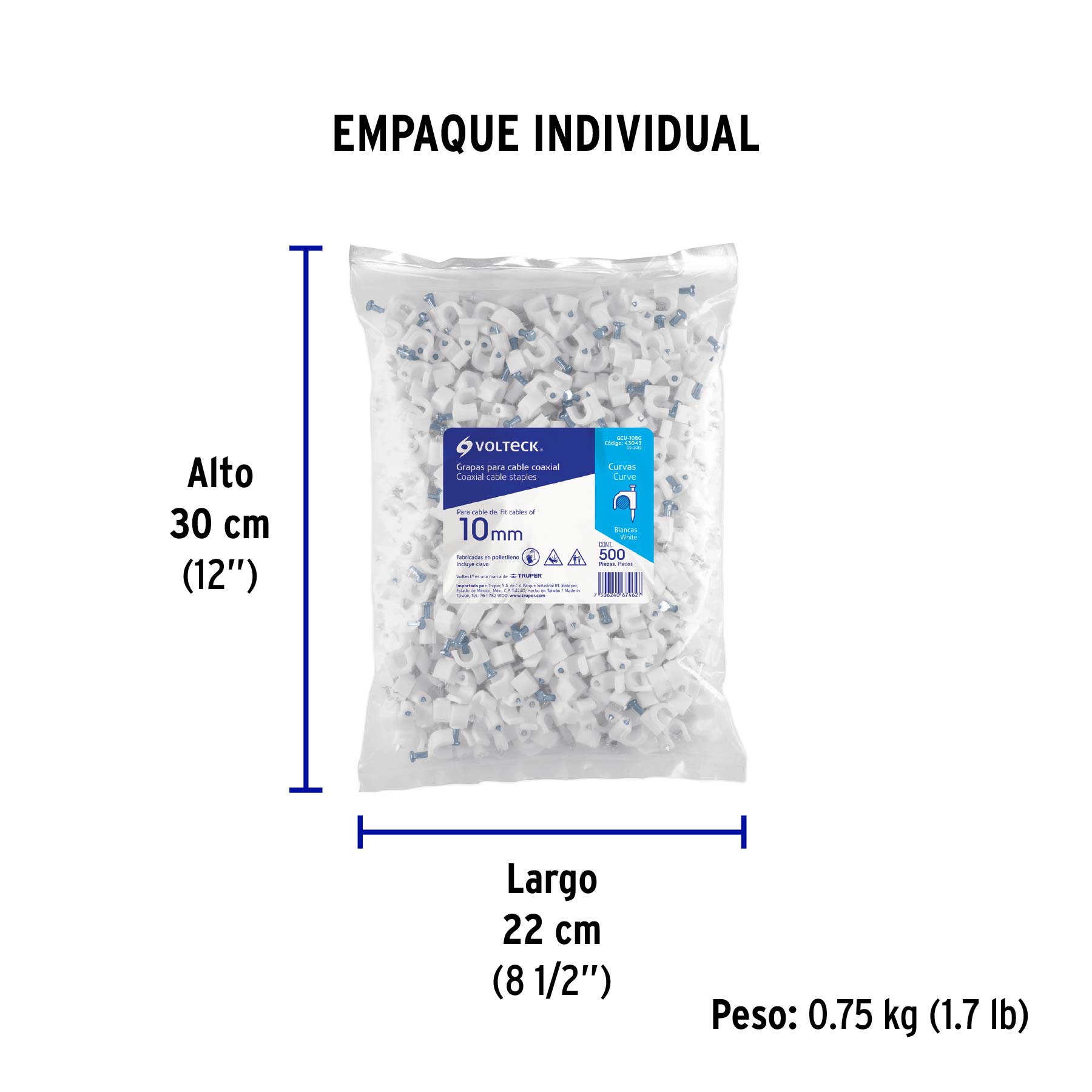 Bolsa con 500 grapas blancas de 10 mm para cable redondo - Empaque