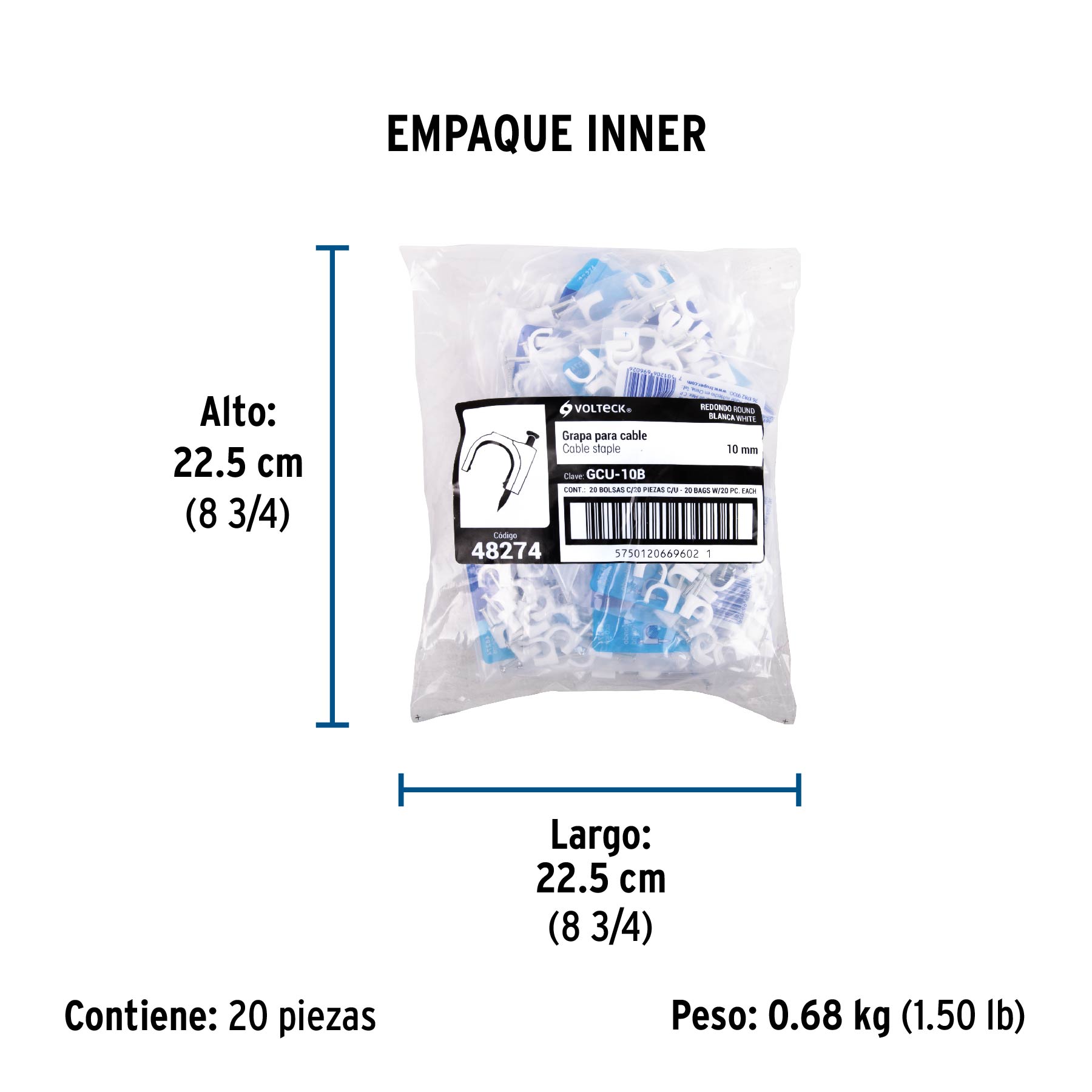 Bolsa con 20 grapas blancas de 10 mm para cable redondo - Empaque