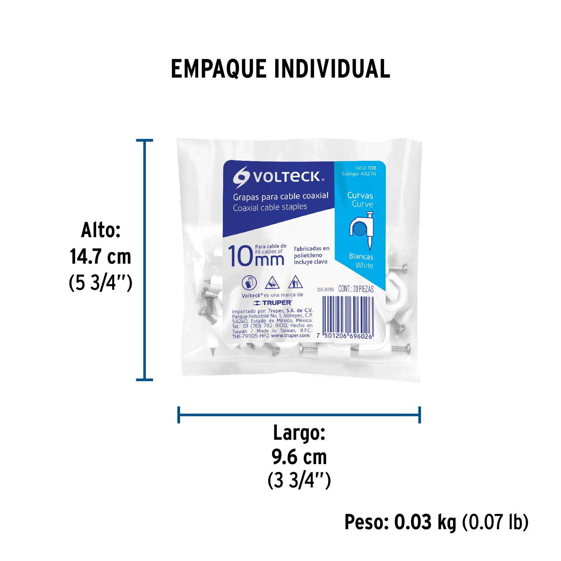 Bolsa con 20 grapas blancas de 10 mm para cable redondo - Empaque