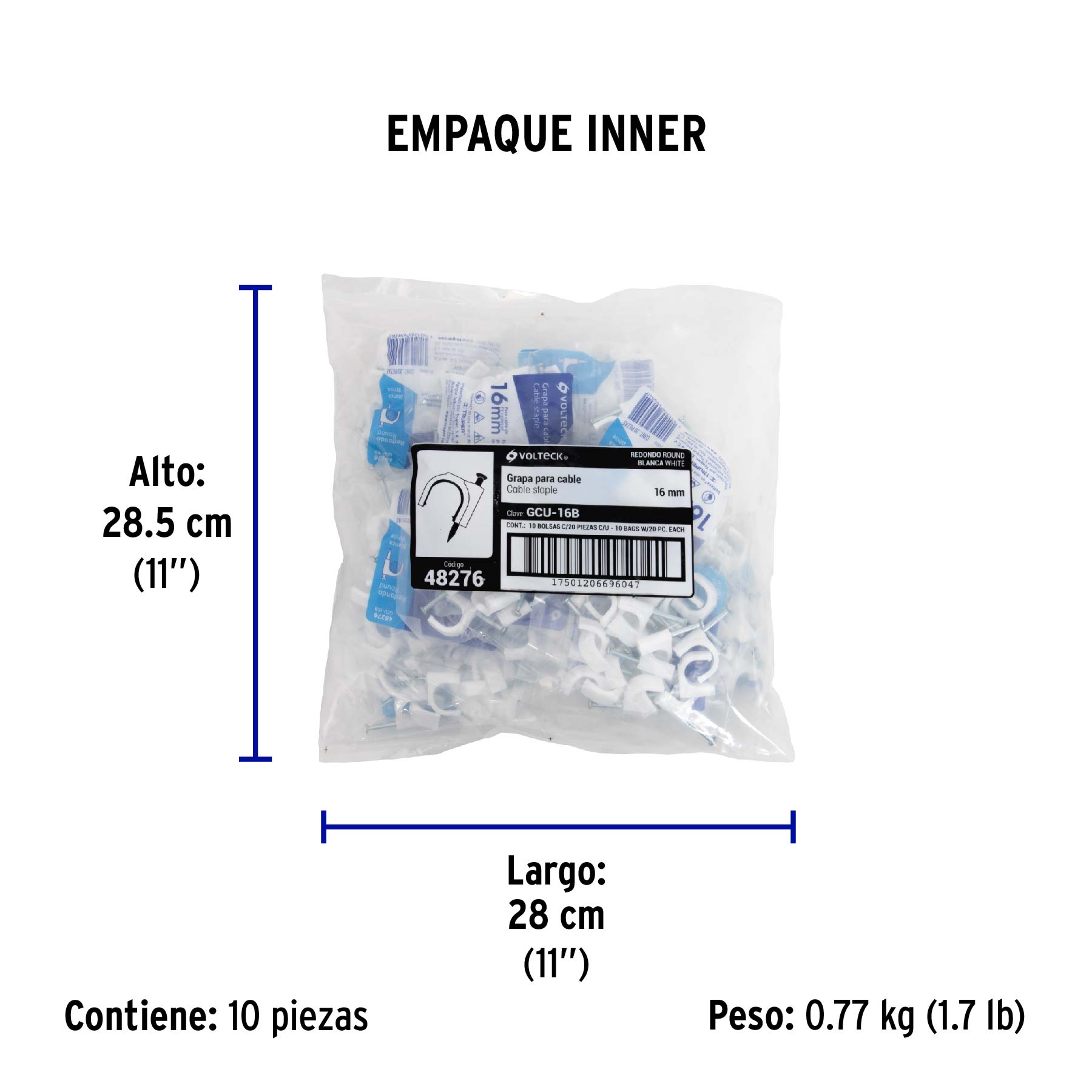 Bolsa con 20 grapas blancas de 16 mm para cable redondo - Empaque