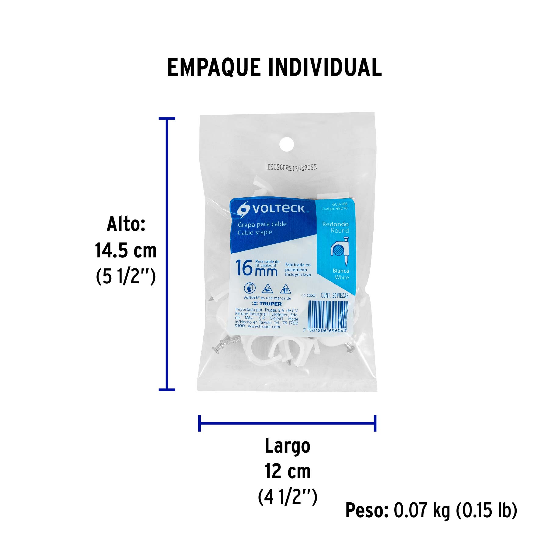 Bolsa con 20 grapas blancas de 16 mm para cable redondo - Empaque