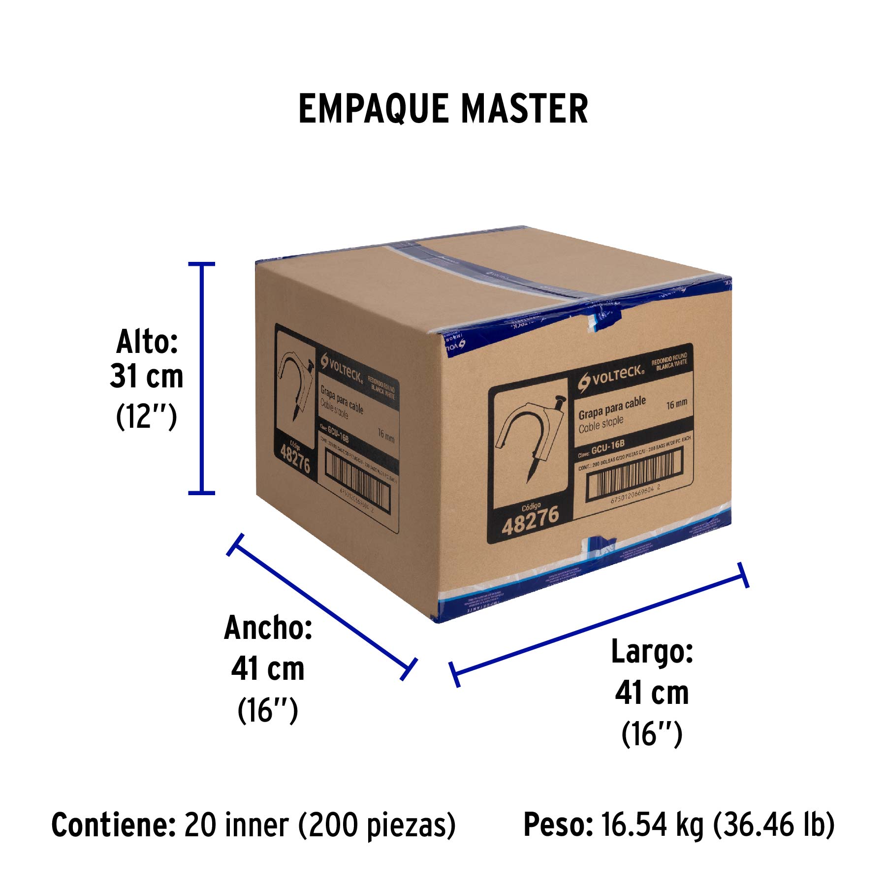 Bolsa con 20 grapas blancas de 16 mm para cable redondo - Empaque