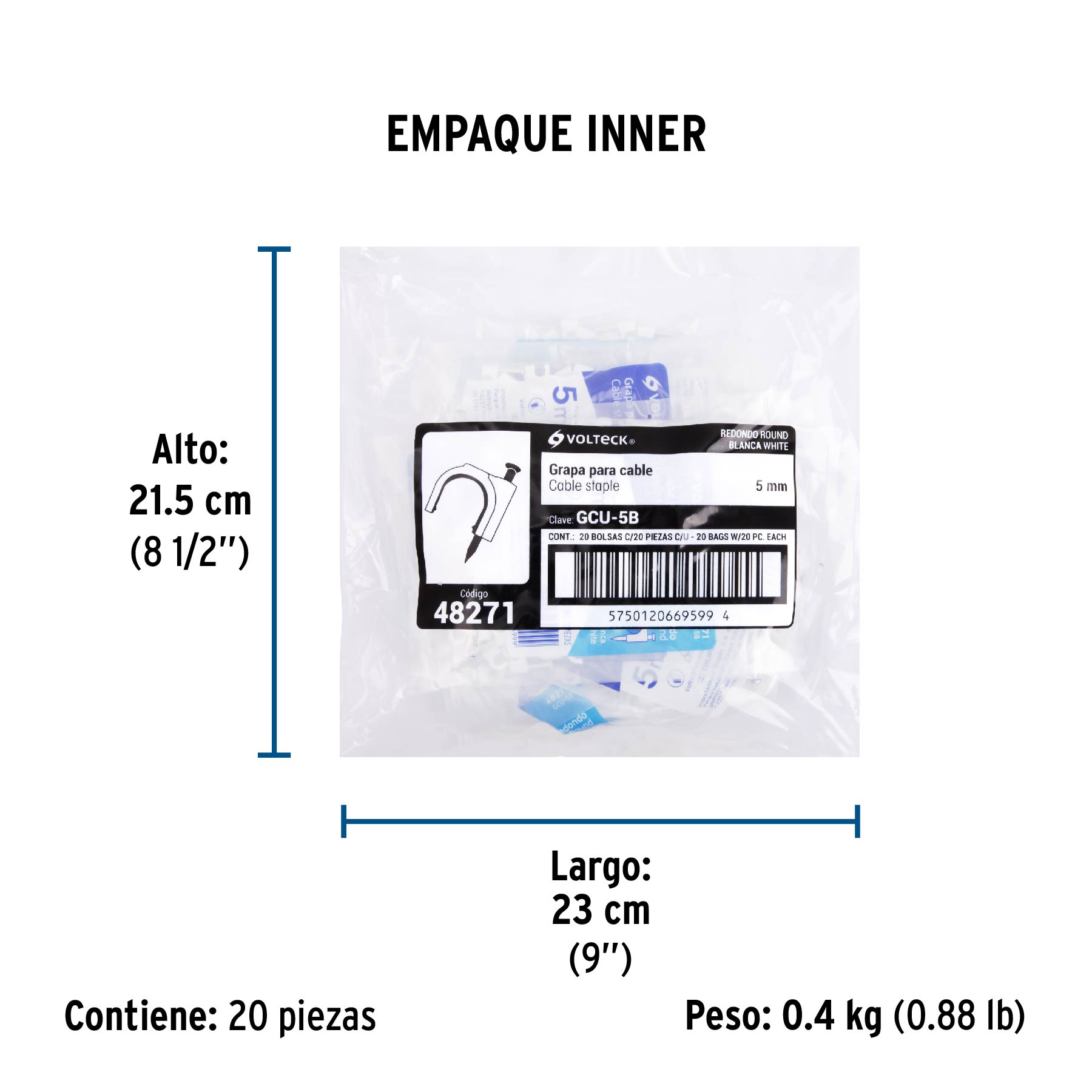 Bolsa con 20 grapas blancas de 5 mm para cable redondo - Empaque