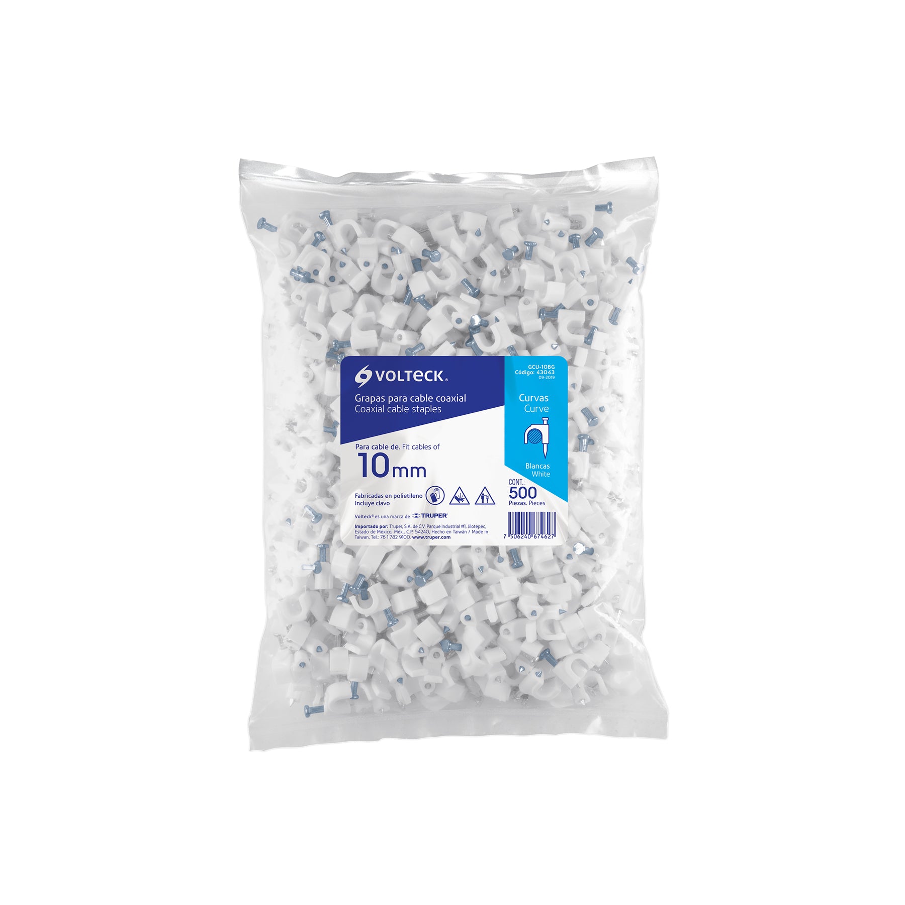 Bolsa con 500 grapas blancas de 6 mm para cable redondo