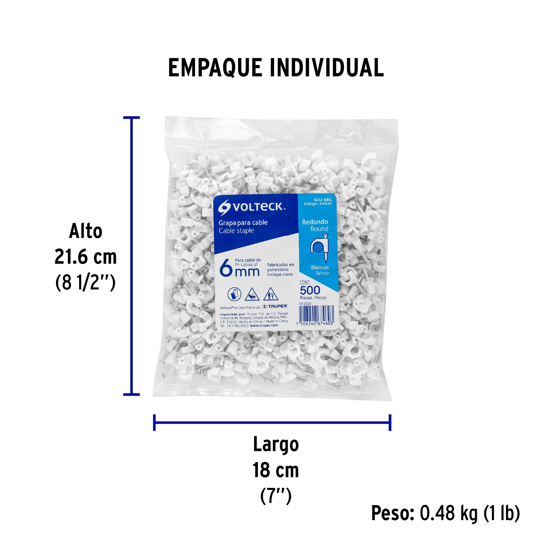 Bolsa con 500 grapas blancas de 6 mm para cable redondo - Empaque