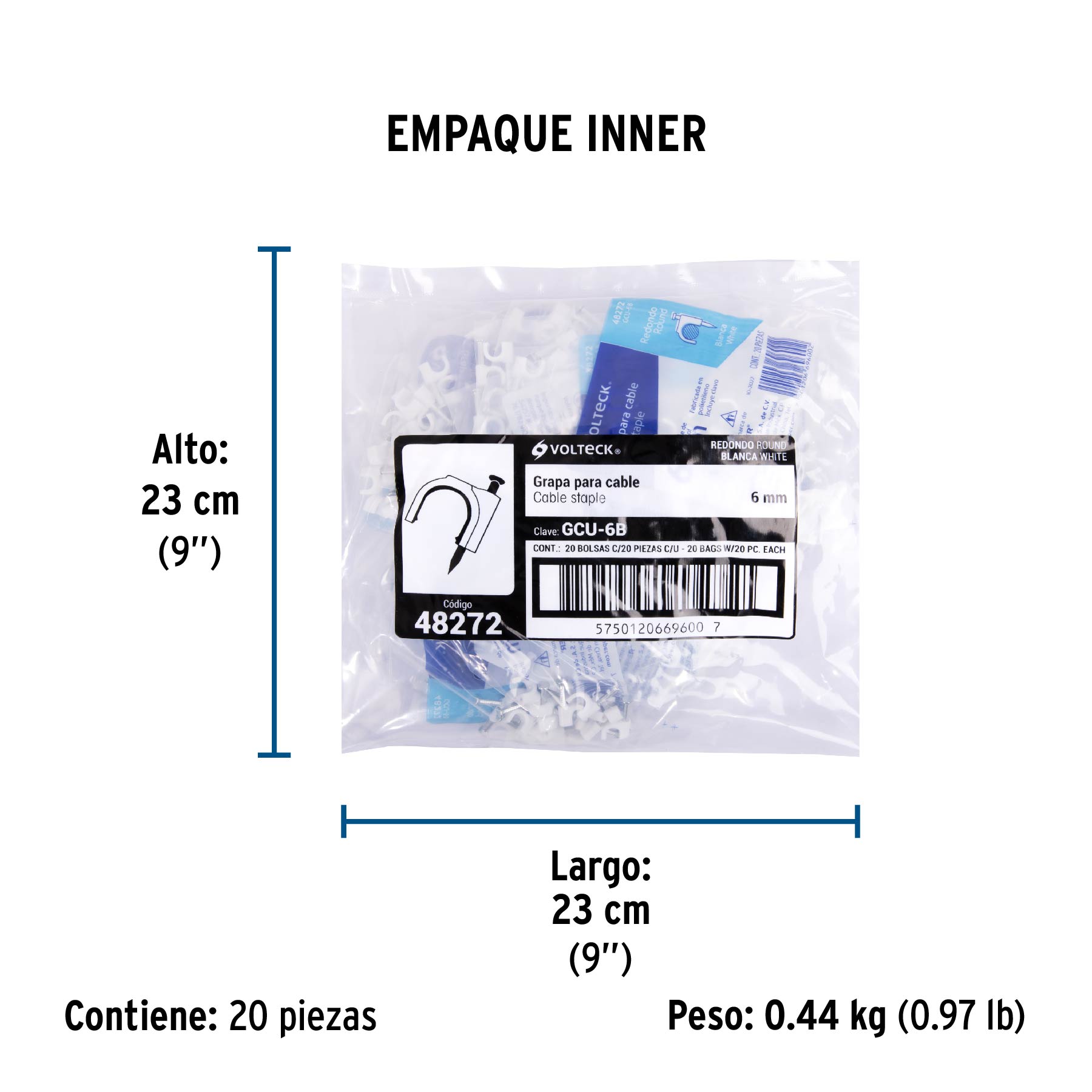 Bolsa con 20 grapas blancas de 6 mm para cable redondo - Empaque
