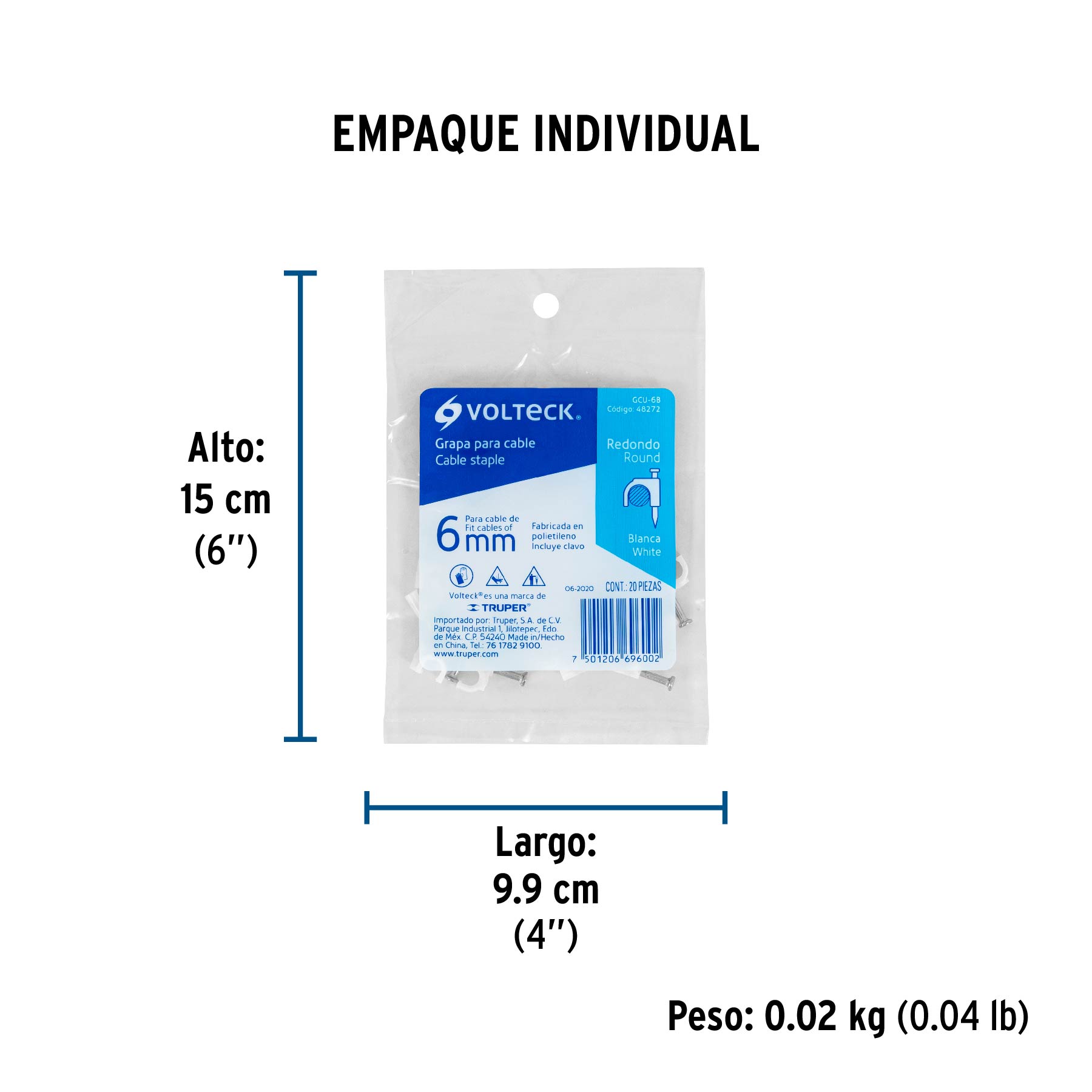 Bolsa con 20 grapas blancas de 6 mm para cable redondo - Empaque
