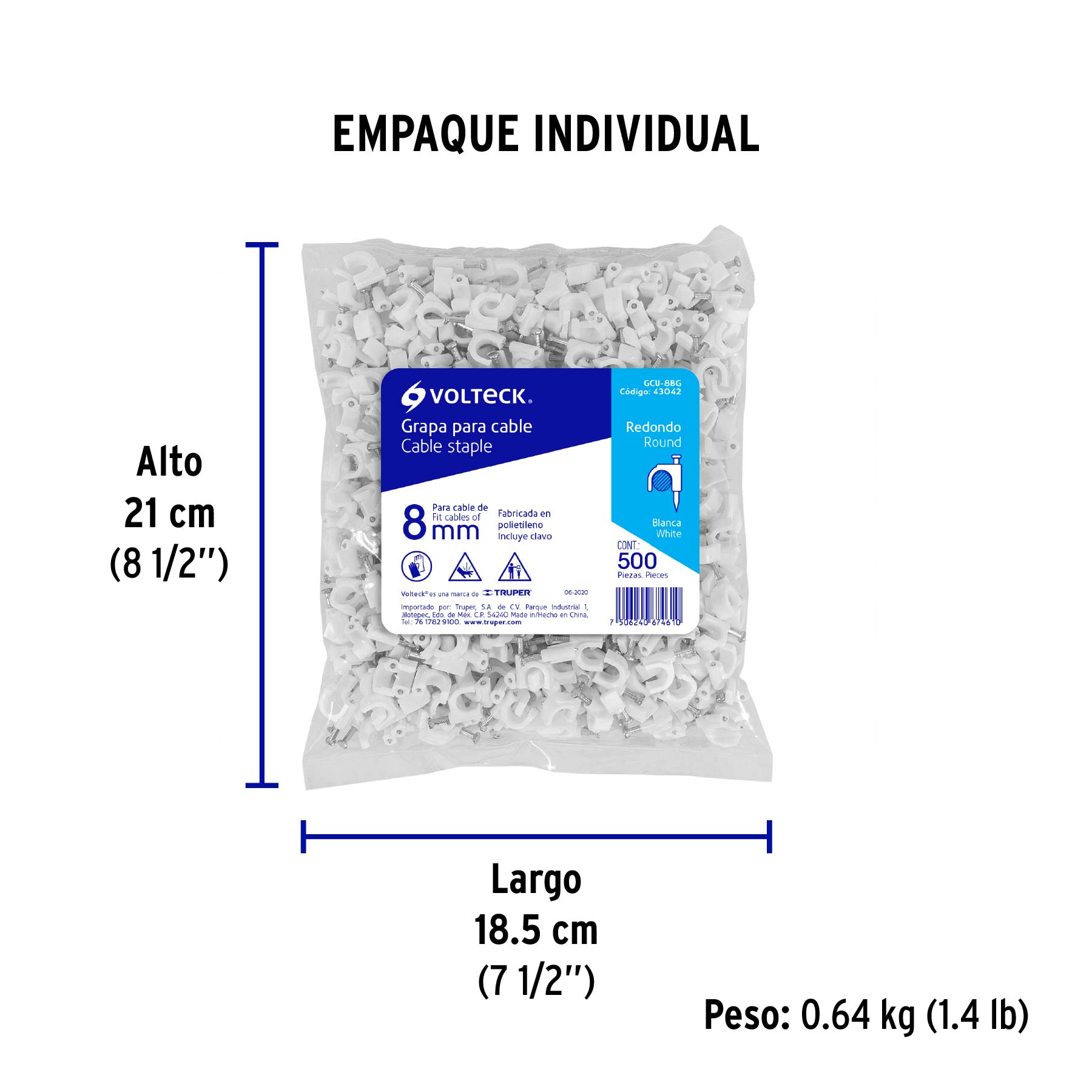 Bolsa con 500 grapas blancas de 8 mm para cable redondo - Empaque