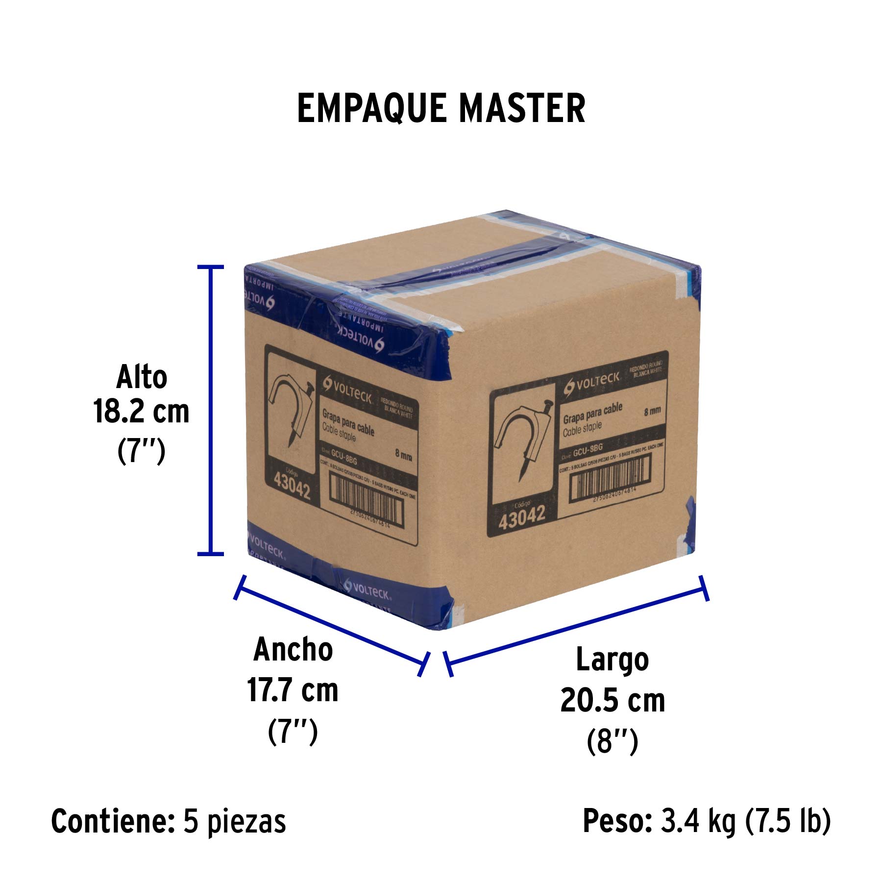 Bolsa con 500 grapas blancas de 8 mm para cable redondo - Empaque