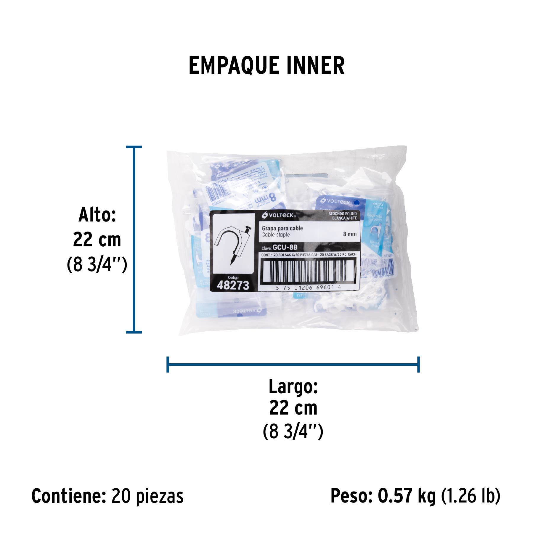 Bolsa con 20 grapas blancas de 8 mm para cable redondo - Empaque