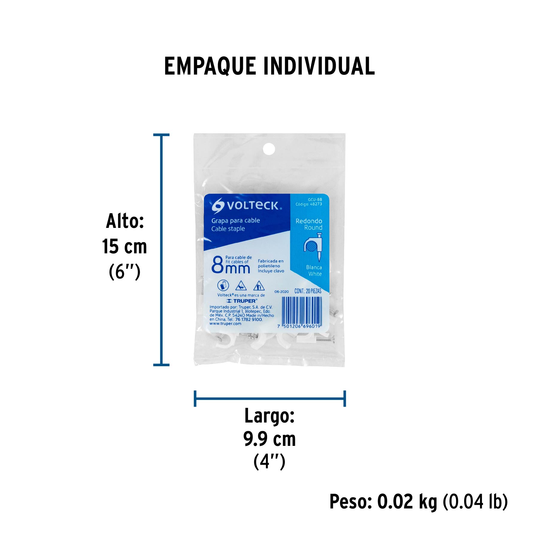 Bolsa con 20 grapas blancas de 8 mm para cable redondo - Empaque