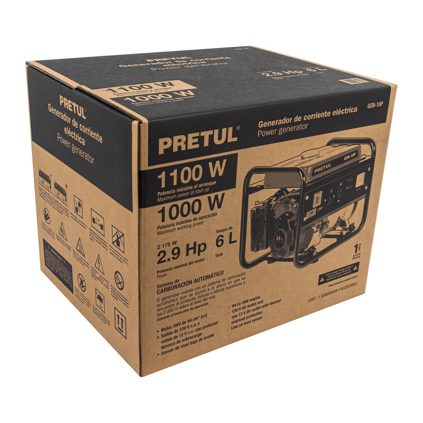 Generador portátil 1 kW motor a gasolina, PRETUL