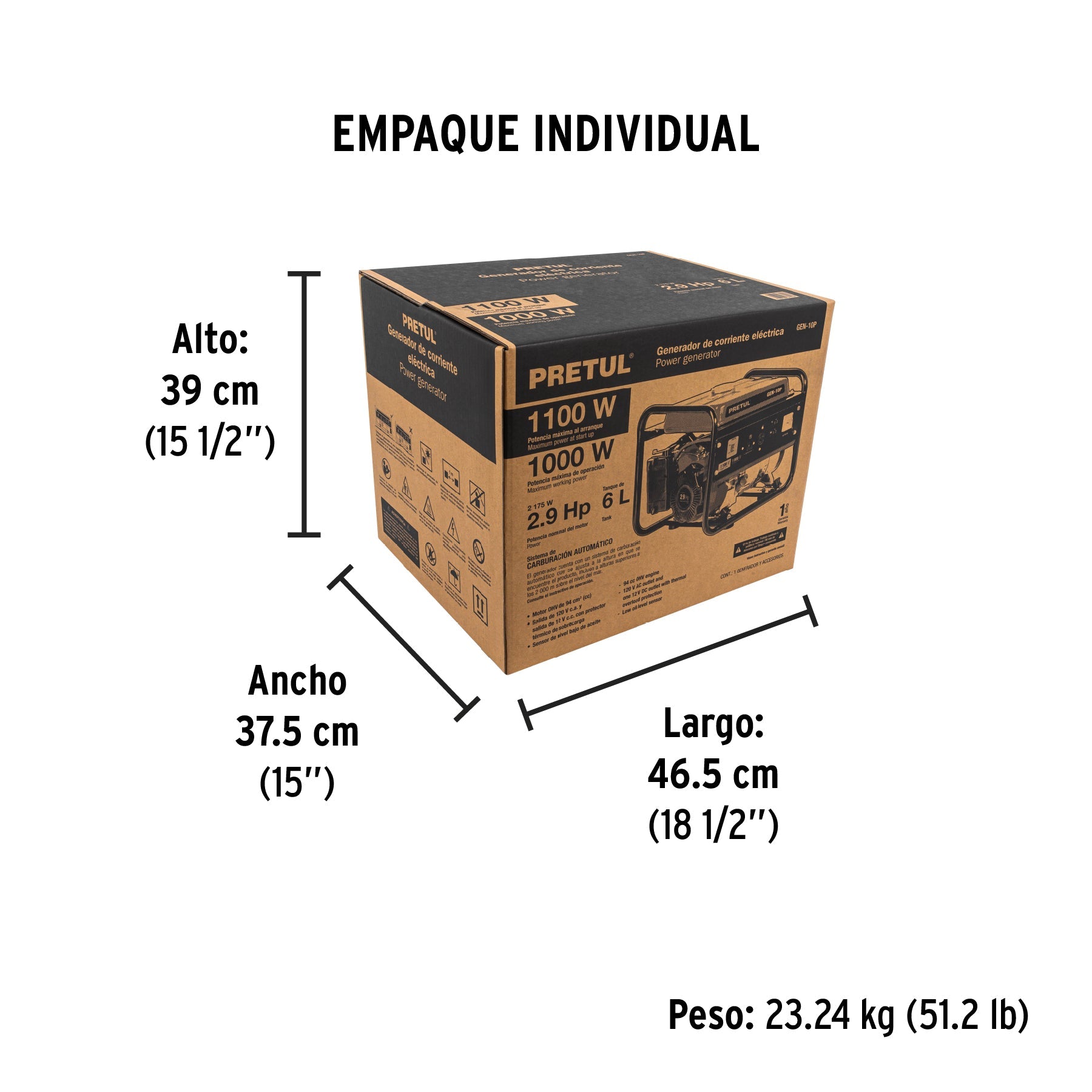 Generador portátil 1 kW motor a gasolina, PRETUL - Empaque
