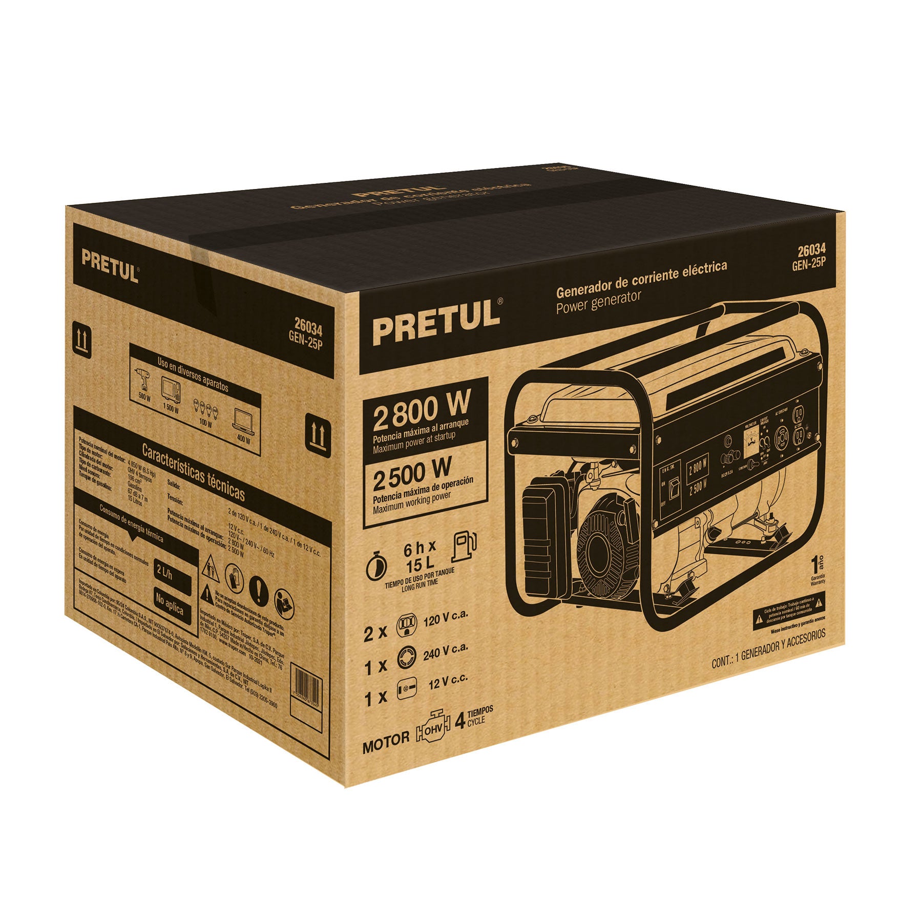 Generador portátil 2.5 kW motor a gasolina, PRETUL