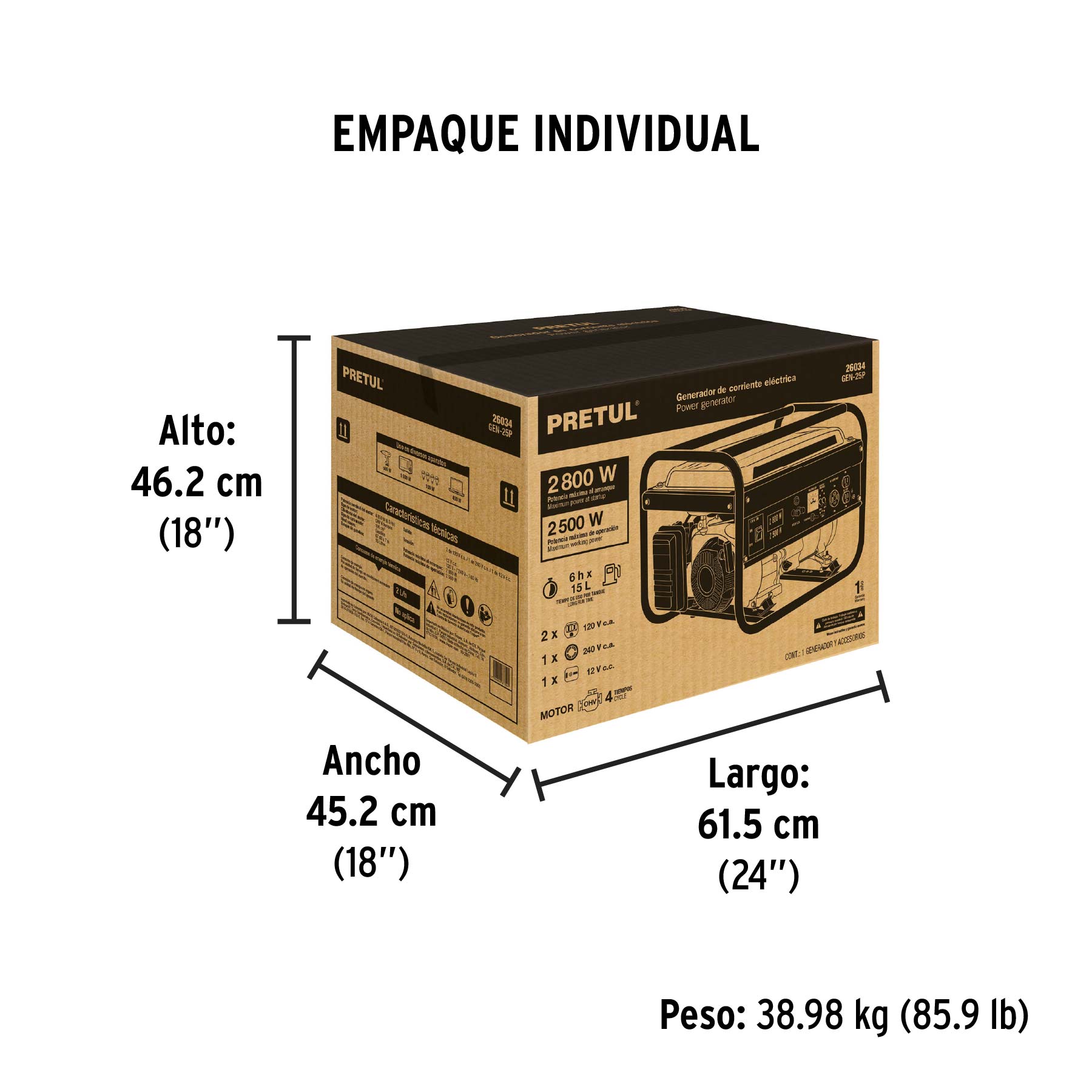 Generador portátil 2.5 kW motor a gasolina, PRETUL - Empaque