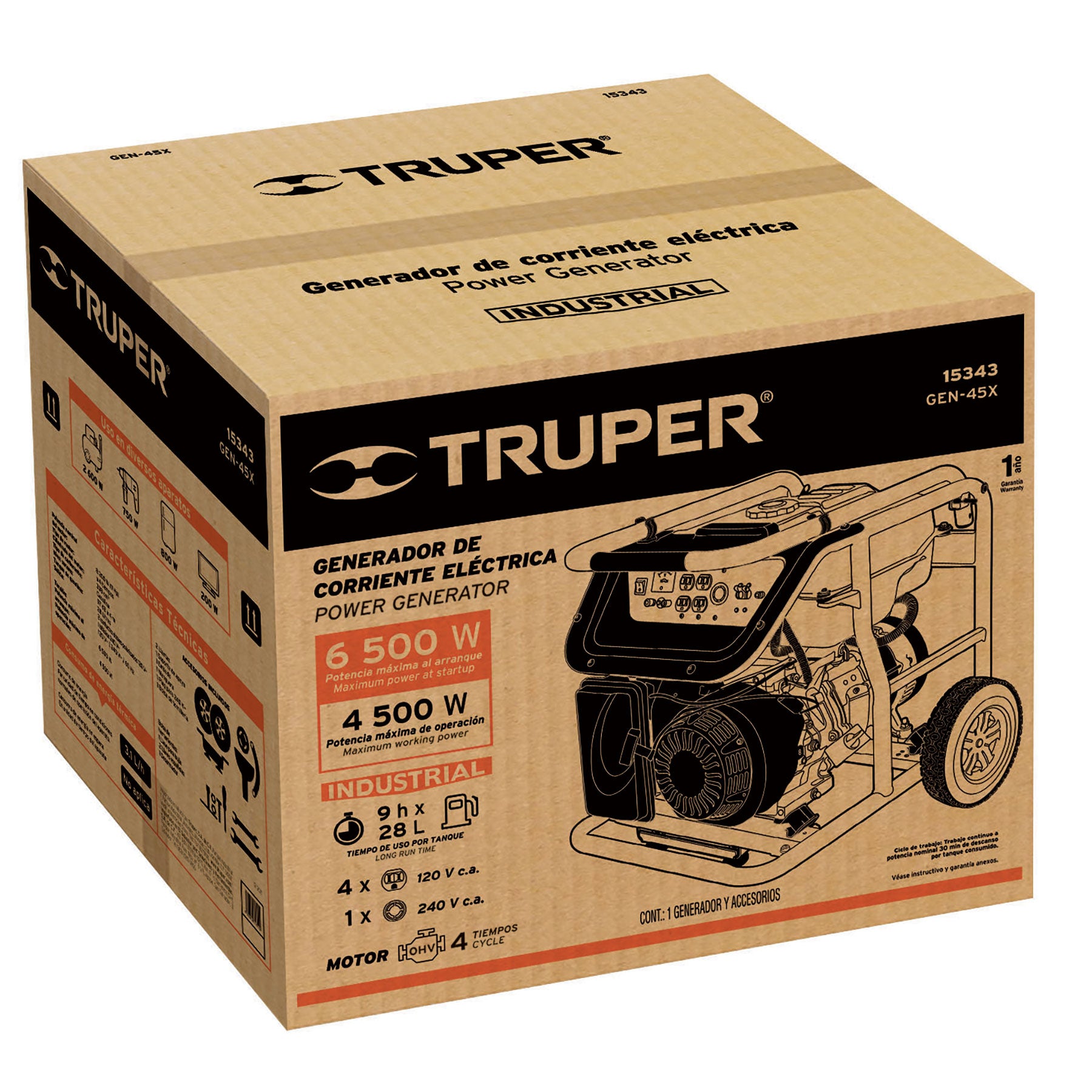 Generador portátil 4.5 kW motor a gasolina, TRUPER