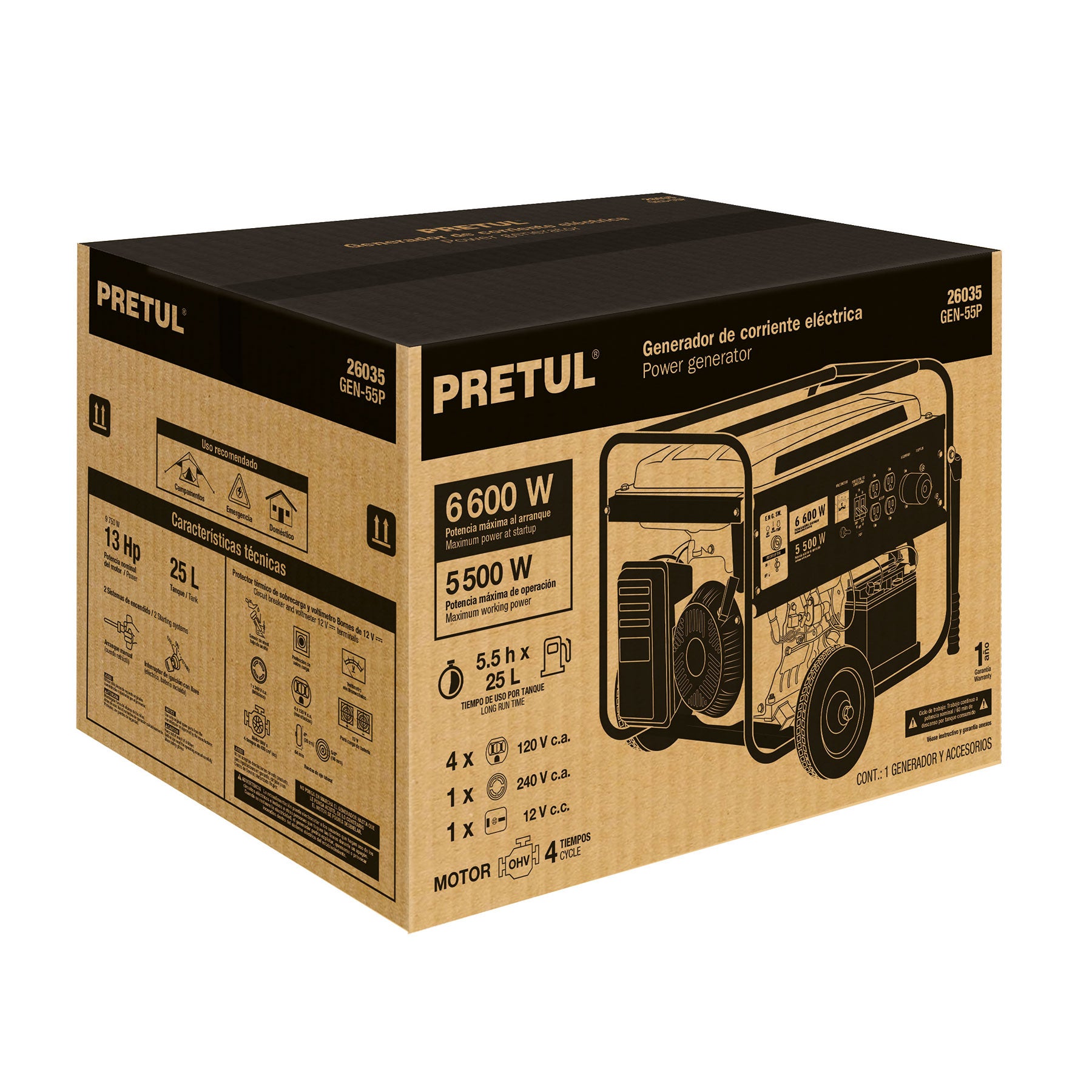 Generador portátil 5.5 kW motor a gasolina, PRETUL