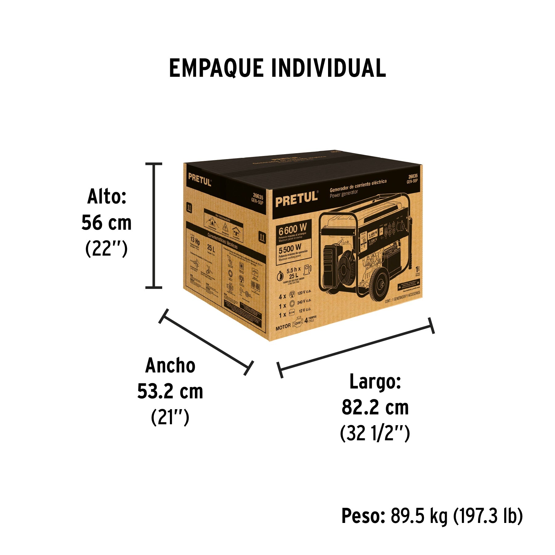 Generador portátil 5.5 kW motor a gasolina, PRETUL - Empaque