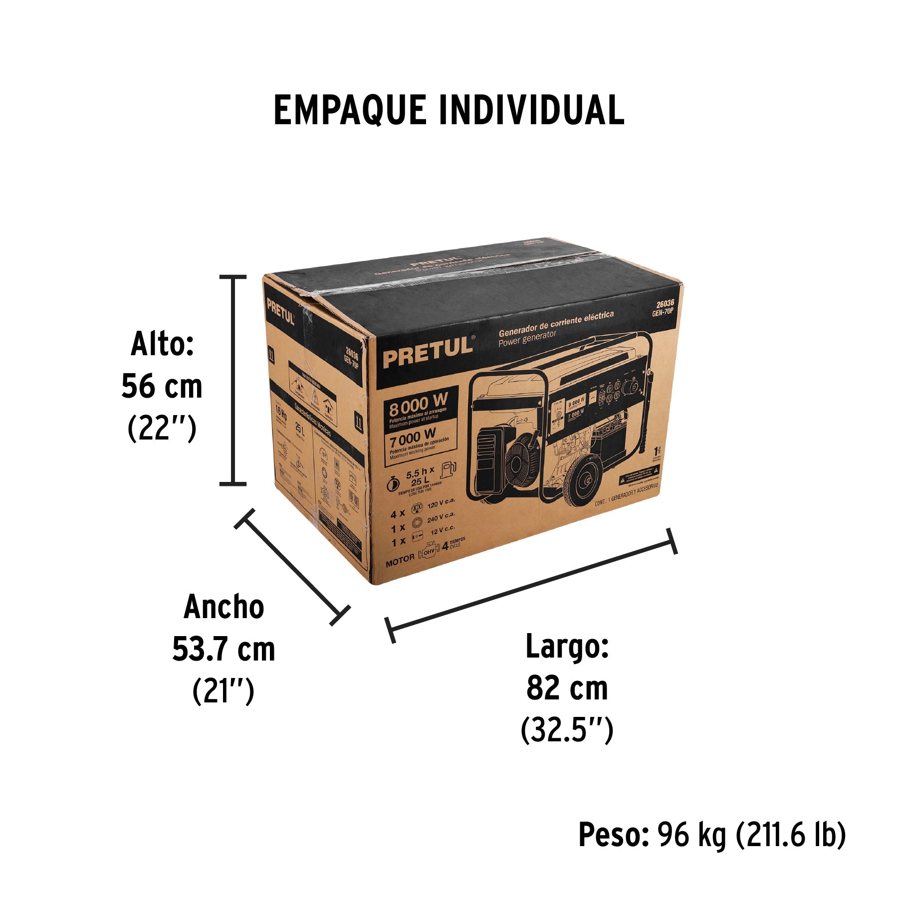 Generador portátil 7 kW motor a gasolina, PRETUL - Empaque