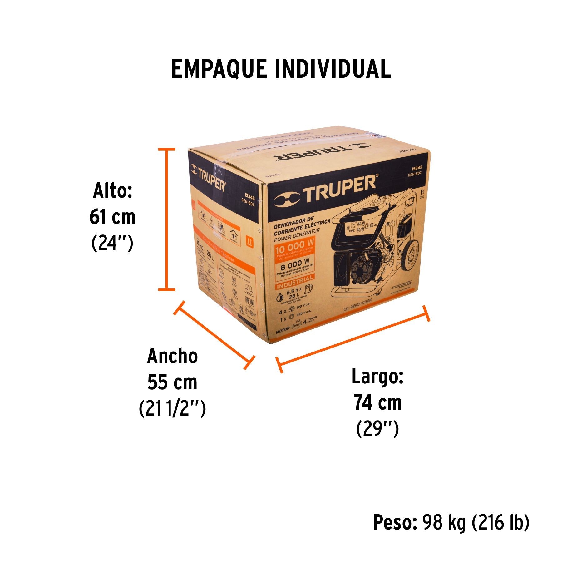 Generador portátil 8 kW motor a gasolina, TRUPER - Empaque