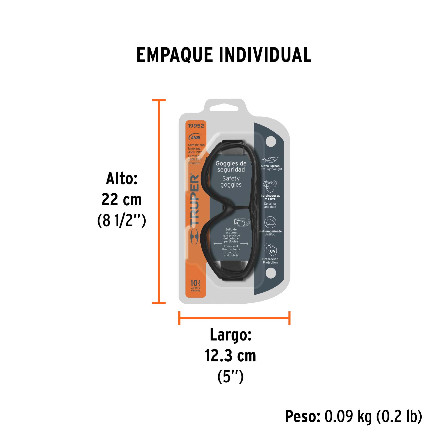 Goggles de seguridad ultra ligeros, antiempaño, TRUPER - Empaque